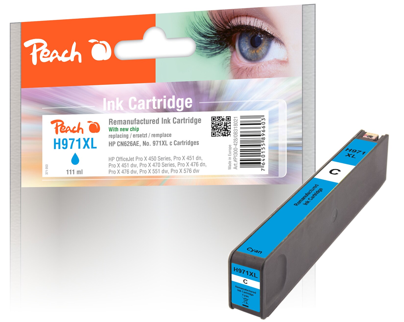Peach HP 971 XLc Druckerpatrone XL cy ersetzt HP No. 971XL c, CN626A für z.B. HP OfficeJet Pro X 450, HP OfficeJet Pro X 451 dn, HP OfficeJet Pro X 470 (wiederaufbereitet)