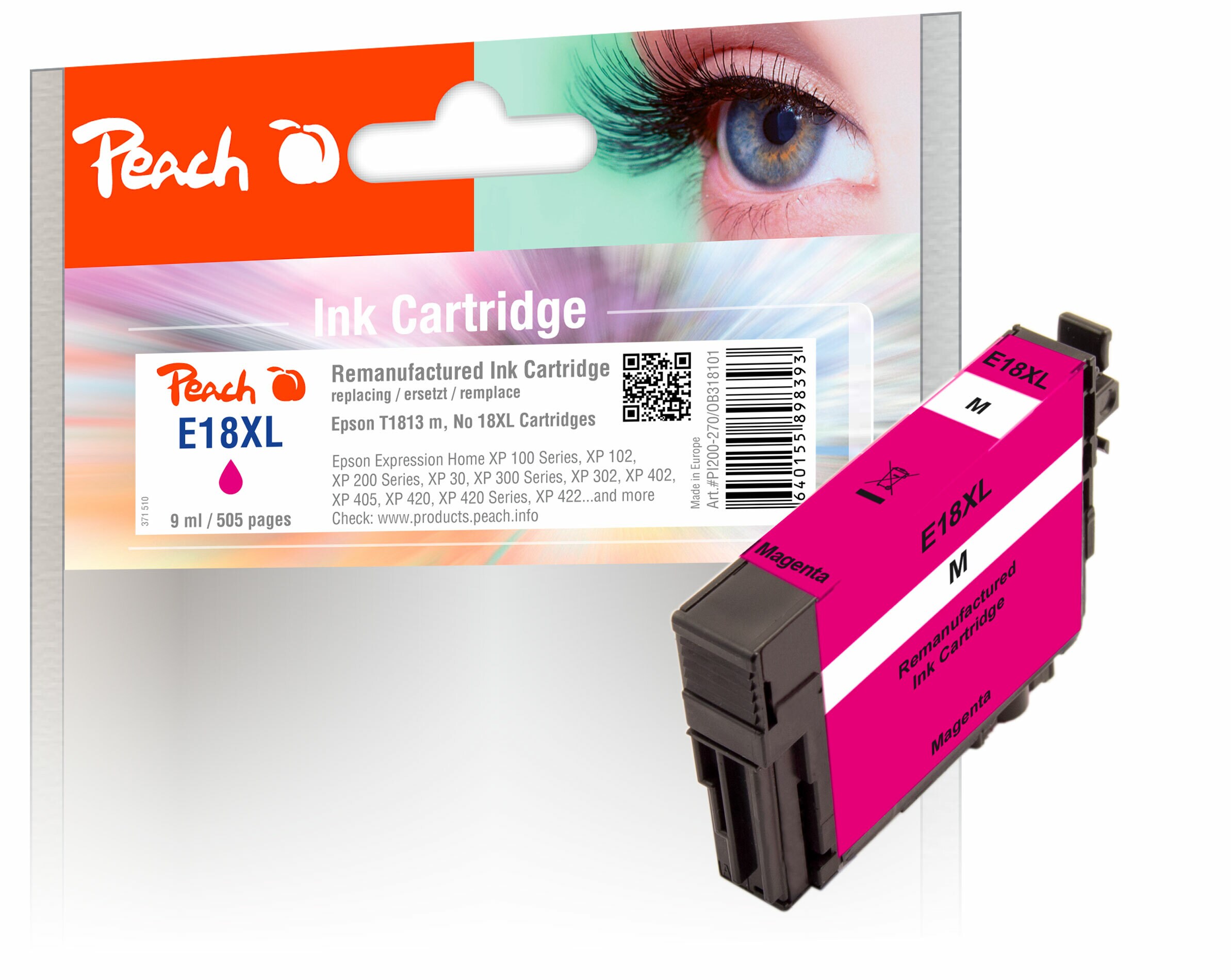 Peach E18 XLm Druckerpatrone XL ma ersetzt Epson No. 18XL m, C13T18134010 f&uuml;r z.B. Epson Expression Home XP -100, Epson Expression Home XP -102 (wiederaufbereitet) - Bild 1