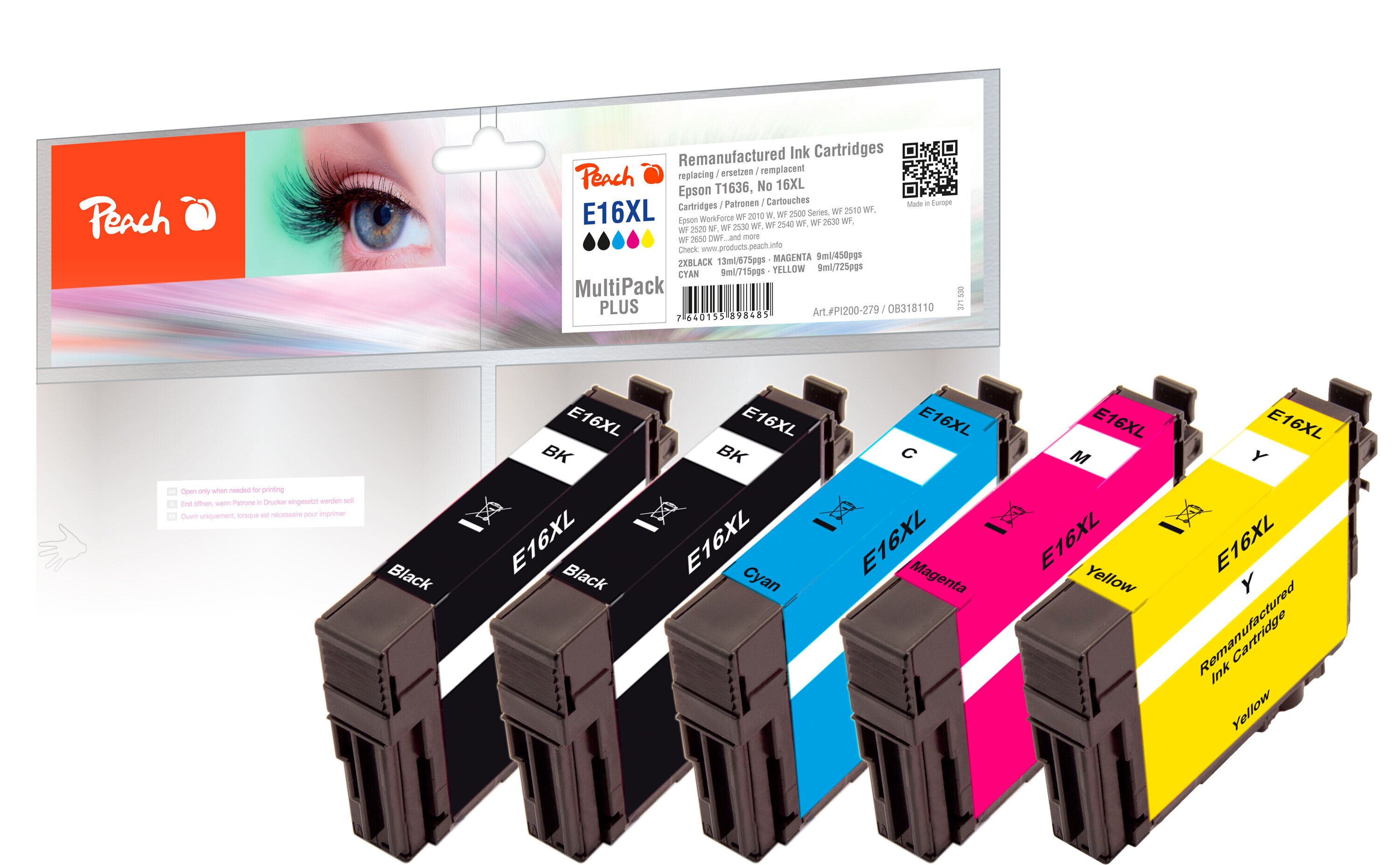 Peach E16 XL 5 Druckerpatronen XL (2*bk, c/m/y) ersetzt Epson No. 16XL, C13T16364010 f&uuml;r z.B. Epson WorkForce WF -2010 W, Epson WorkForce WF -2500 (wiederaufbereitet) - Bild 1