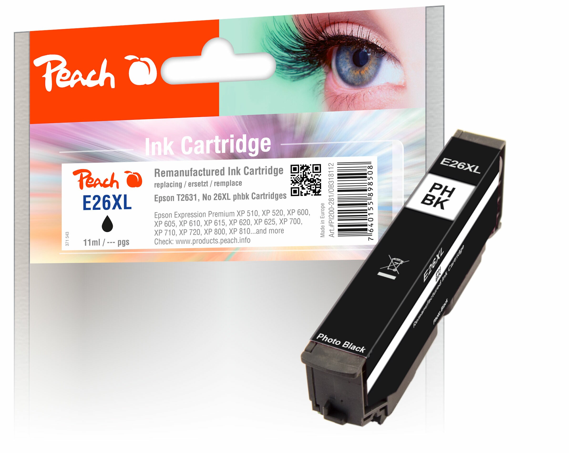 Peach E26 XLphbk Druckerpatrone XL bkph ersetzt Epson No. 26XL phbk, C13T26314010 f&uuml;r z.B. Epson Expression Premium XP -510 (wiederaufbereitet) - Bild 1