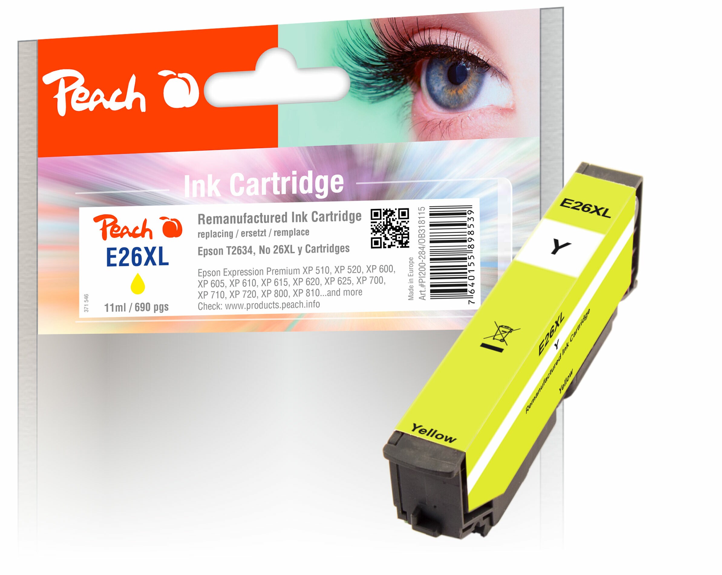 Peach E26 XLy Druckerpatrone XL ye ersetzt Epson No. 26XL y, C13T26344010 f&uuml;r z.B. Epson Expression Premium XP -510 (wiederaufbereitet) - Bild 1