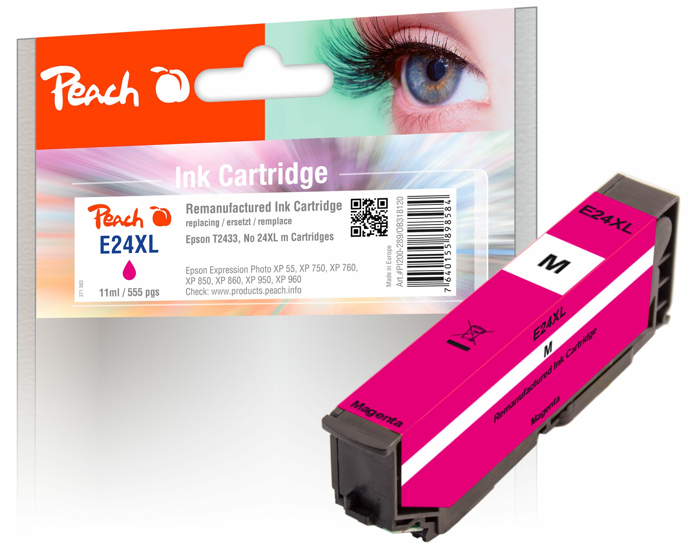 Peach E24 XLm Druckerpatrone XL ma ersetzt Epson No. 24XL m, C13T24334010 f&uuml;r z.B. Epson Expression Photo XP -55, Epson Expression Photo XP -750 (wiederaufbereitet) - Bild 1