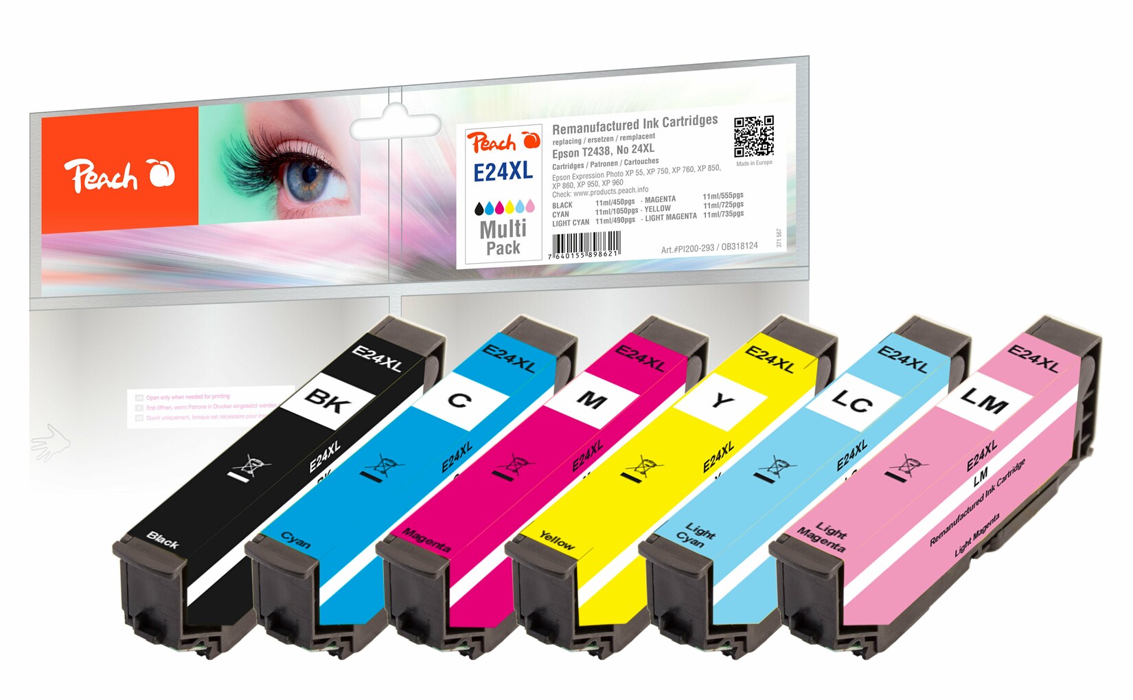 Peach E24 XL 6 Druckerpatronen XL (bk, cy, cyph, ma, maph, ye) ersetzt Epson No. 24XL, C13T24384010 für z.B. Epson Expression Photo XP -55 (wiederaufbereitet)