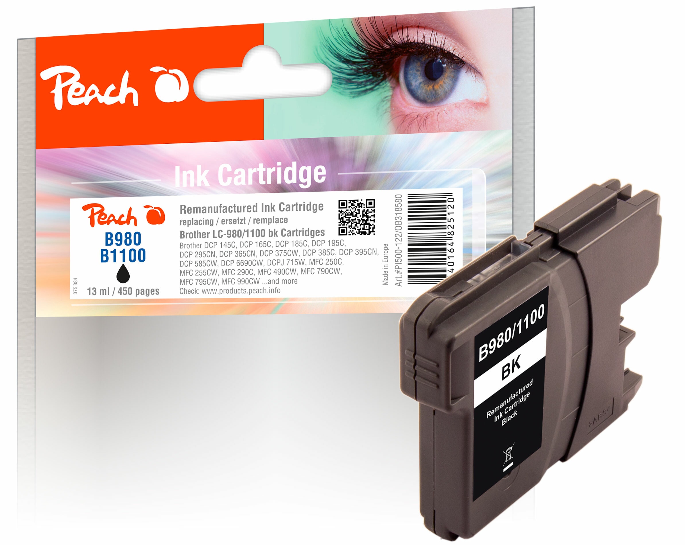 Peach B980 BK Druckerpatrone XL bk ersetzt Brother LC-980BK, LC-1100BK f&uuml;r z.B. Brother DCP -145 C, Brother DCP -160, Brother DCP -163 C (wiederaufbereitet) - Bild 1