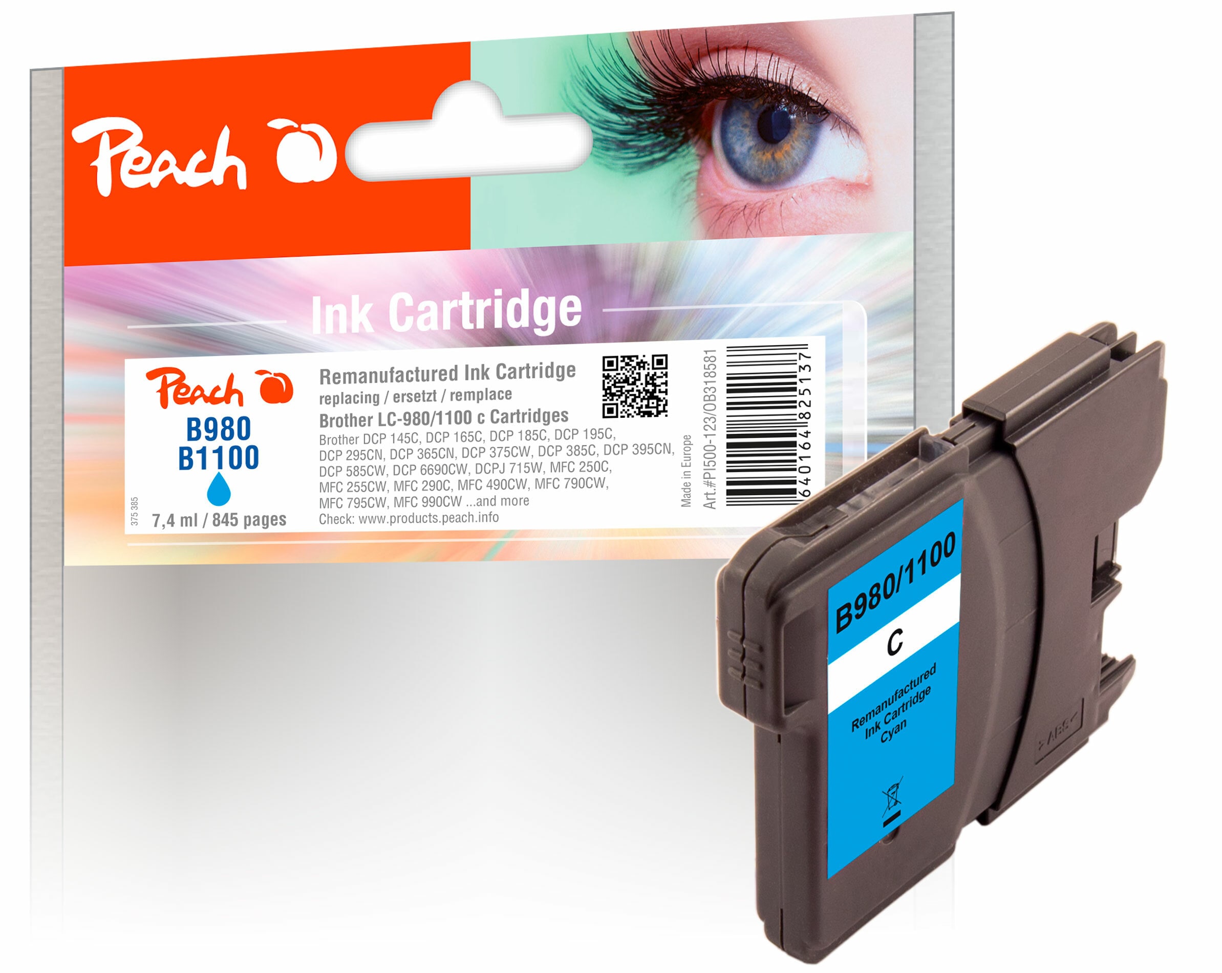 Peach B980 C Druckerpatrone XL cy ersetzt Brother LC-980C, LC-1100C f&uuml;r z.B. Brother DCP -145 C, Brother DCP -160, Brother DCP -163 C (wiederaufbereitet) - Bild 1