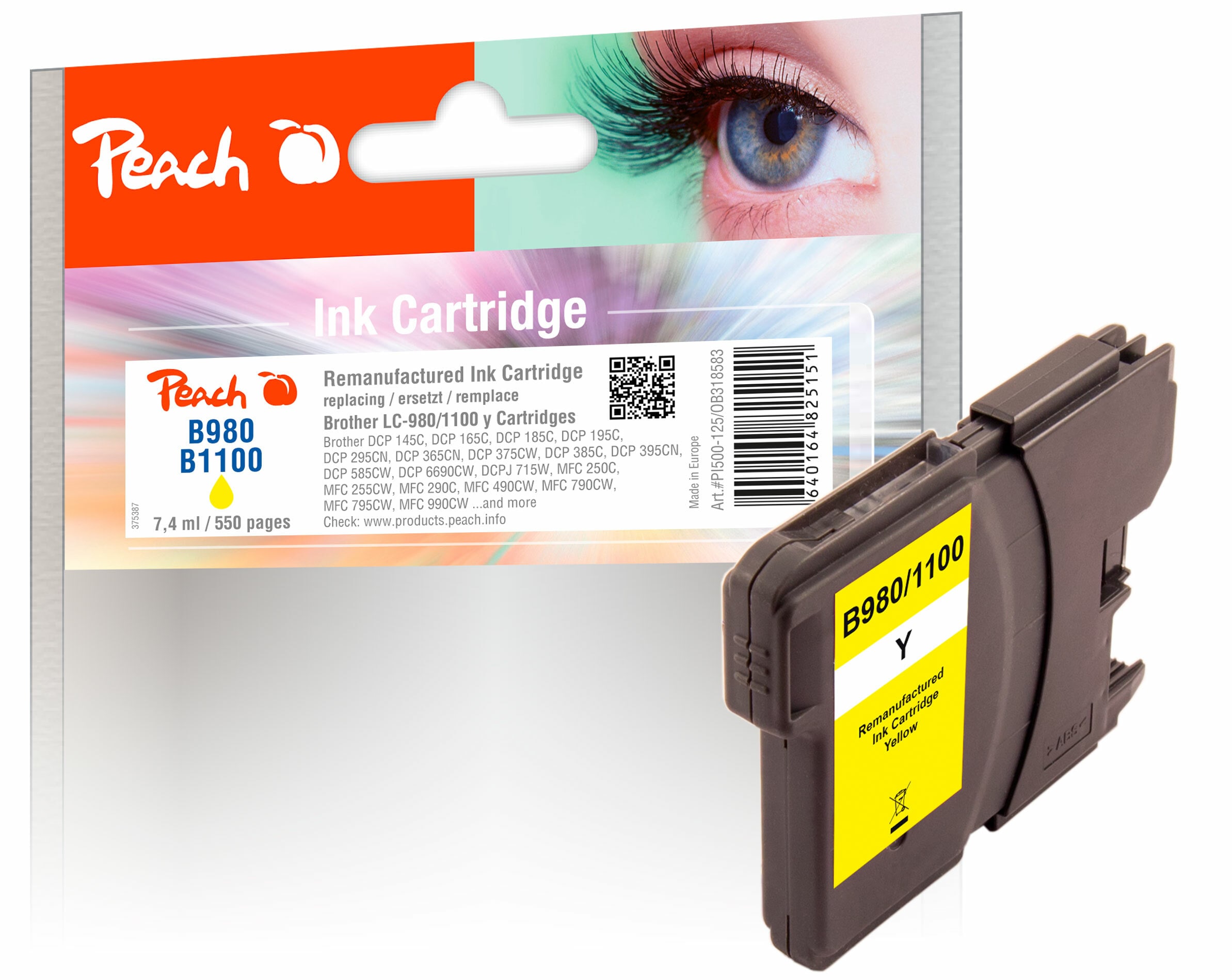 Peach B980 Y Druckerpatrone XL ye ersetzt Brother LC-980Y, LC-1100Y f&uuml;r z.B. Brother DCP -145 C, Brother DCP -160, Brother DCP -163 C (wiederaufbereitet) - Bild 1