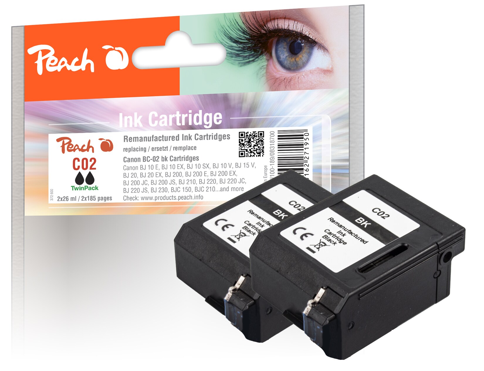 Peach C1/2/3/5 2 Druckköpfe 2*bk ersetzt Lexmark, Canon, IBM, Epson, Konica Minolta, Brother, Ricoh, Apple BC-02BK, 0895A002 (wiederaufbereitet) | 07640162271950