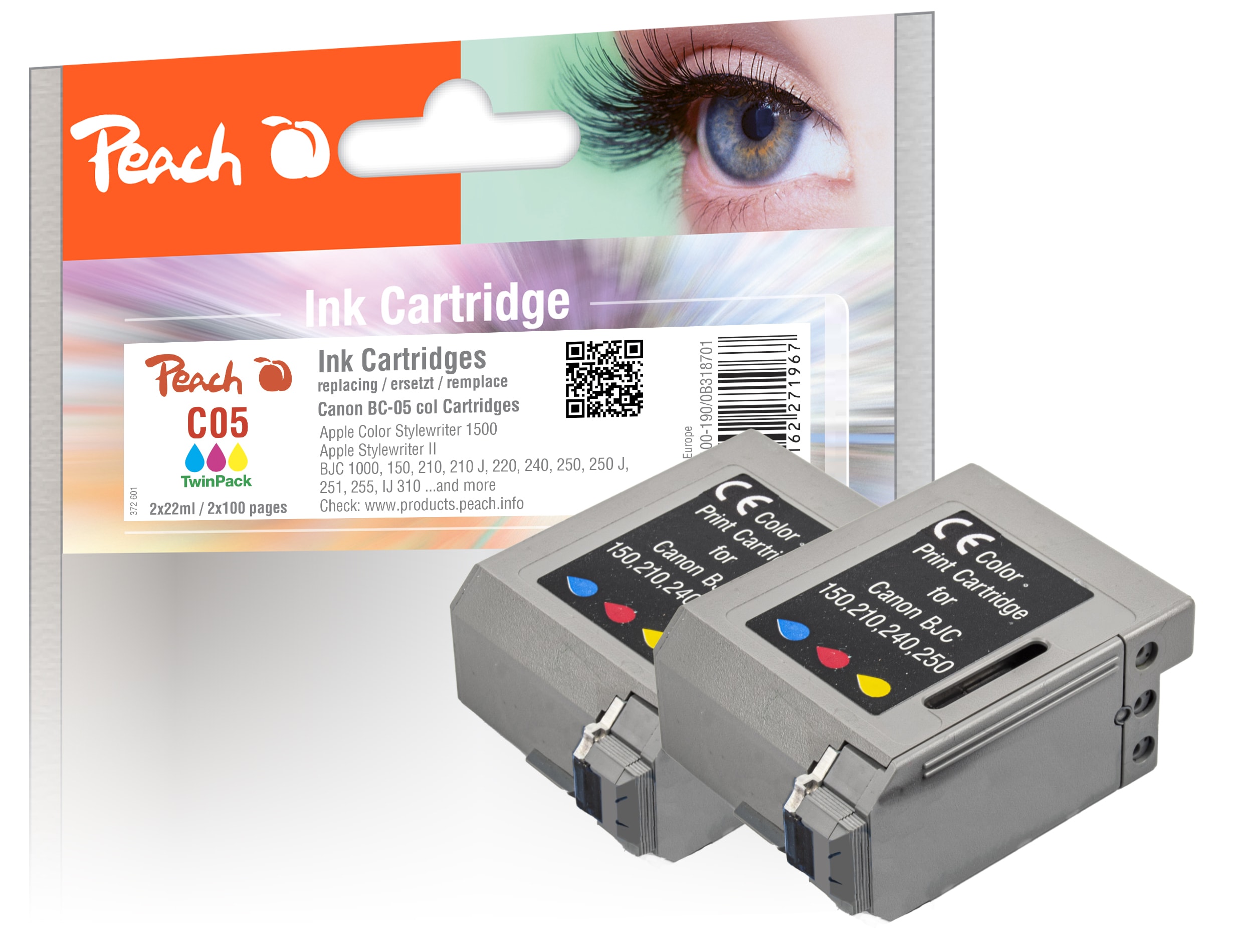 Peach C1/2/3/5 2 Druckk&ouml;pfe 2*col ersetzt Canon, Apple BC-05C*2, 0885A002 f&uuml;r z.B. Apple Color Stylewriter 1500, Apple Stylewriter II , Canon IJ 310 (wiederaufbereitet) - Bild 1