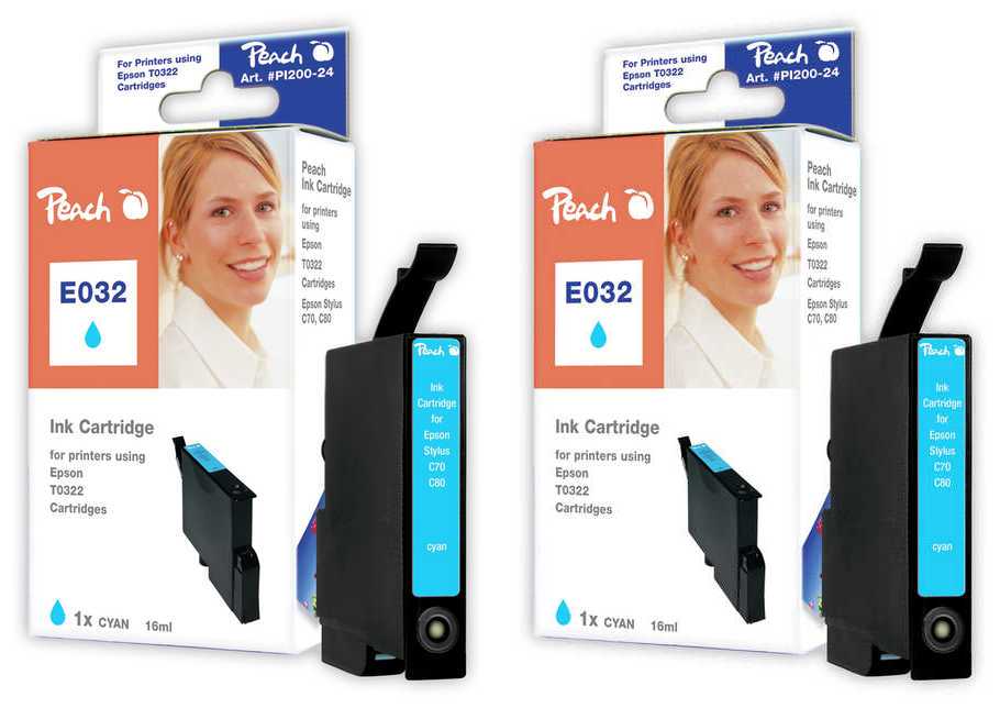 Peach E322 C 2 Druckerpatronen 2*cy ersetzt Epson T0322C*2, C13T03224010 f&uuml;r z.B. Epson Stylus C 70, Epson Stylus C 70 Plus, Epson Stylus C 80 - Bild 1