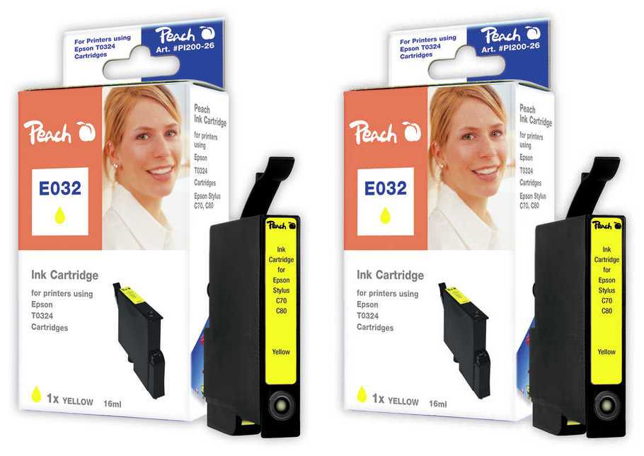 Peach E324 Y 2 Druckerpatronen 2*ye ersetzt Epson T0324Y*2, C13T03244010 f&uuml;r z.B. Epson Stylus C 70, Epson Stylus C 70 Plus, Epson Stylus C 80 - Bild 1