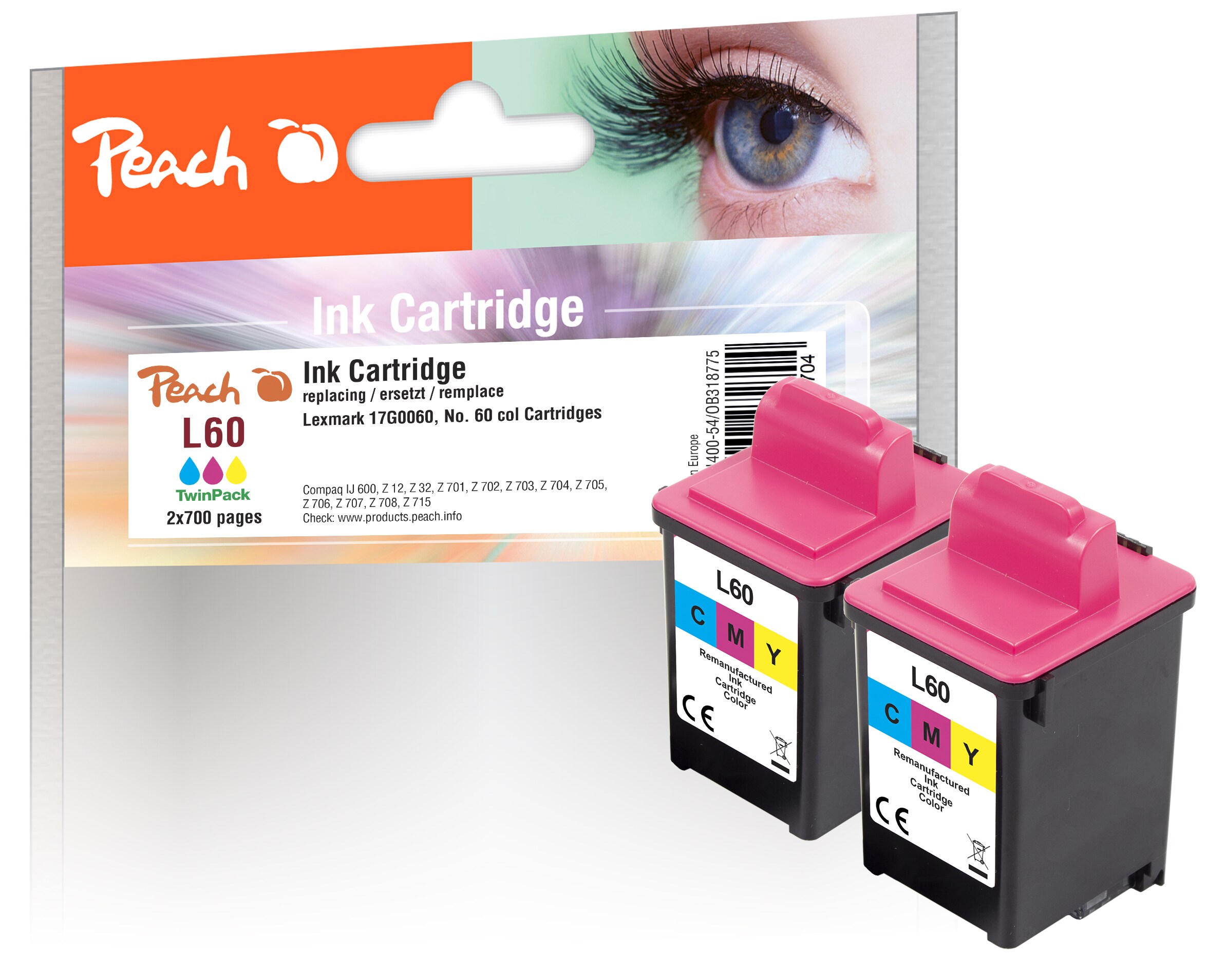 Peach L60 C 2 Druckk&ouml;pfe 2*col ersetzt Lexmark, Compaq No. 60C*2, 17G0060 f&uuml;r z.B. Compaq IJ 600, Lexmark Z 12, Lexmark Z 22, Lexmark Z 32 - Bild 1