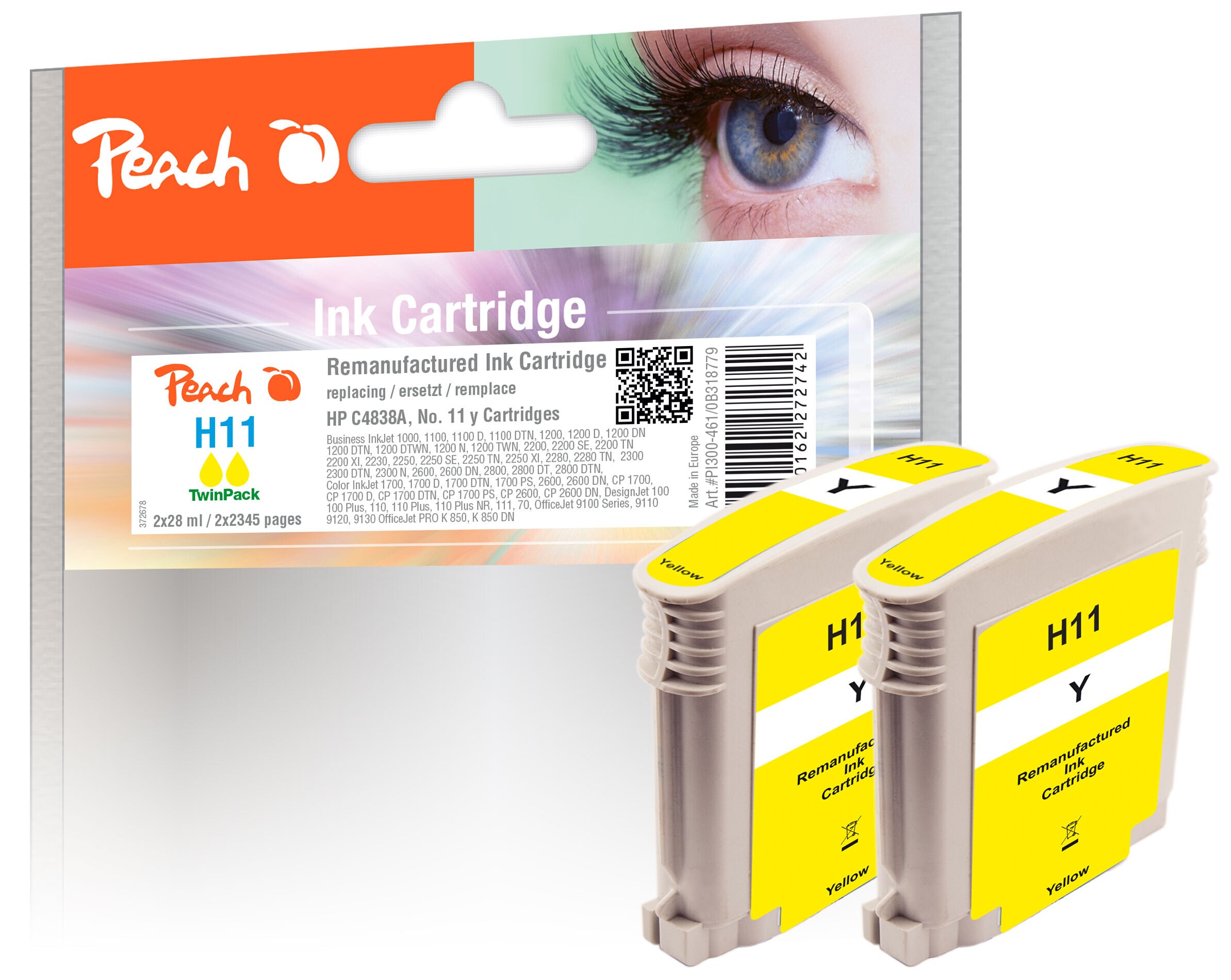 Peach HP 11 y 2 Druckerpatronen 2*ye ersetzt HP No. 11 y*2, C4838A*2 f&uuml;r z.B. HP Business InkJet 1000, HP Business InkJet 1100, HP Business InkJet 1200 (wiederaufbereitet) - Bild 1