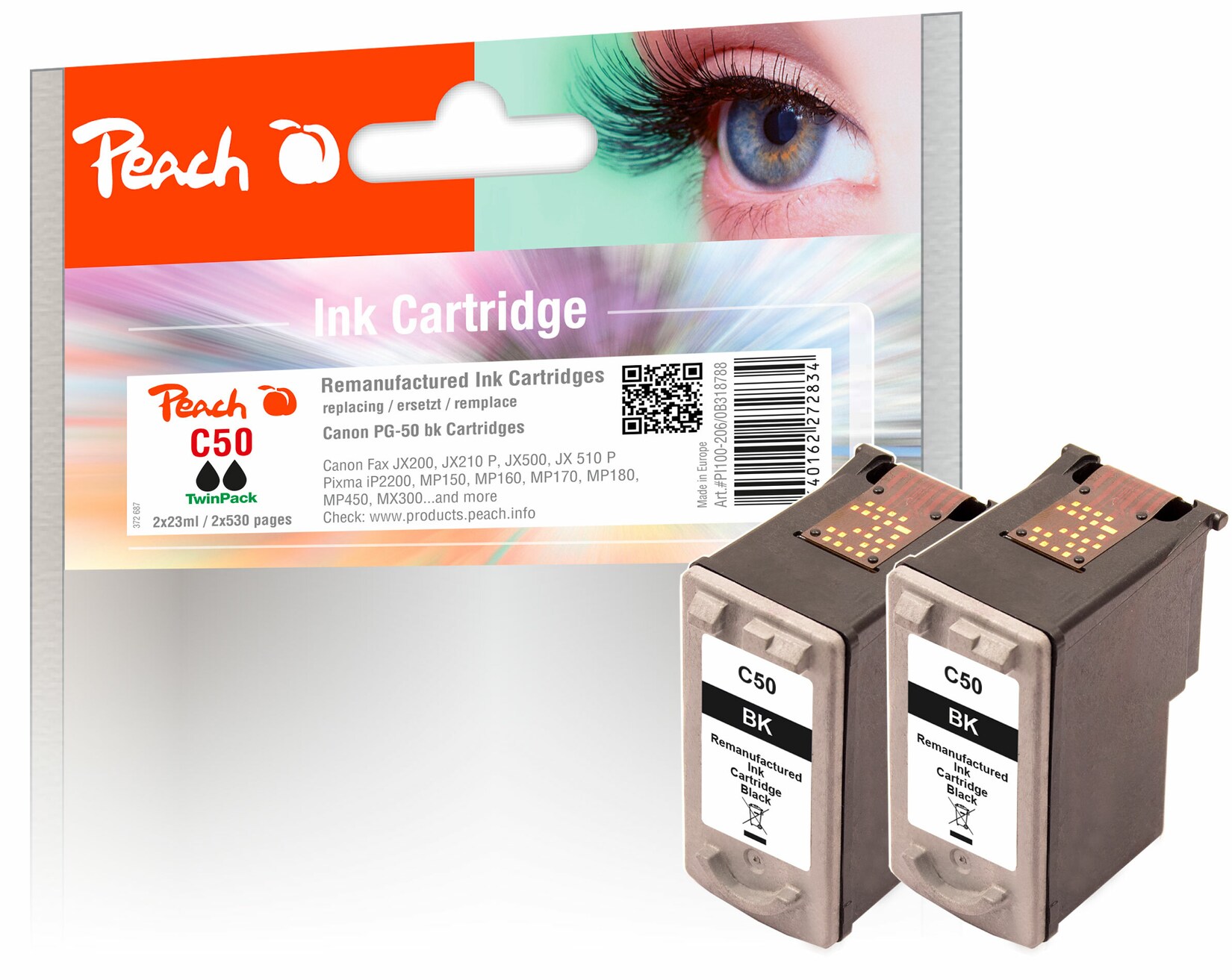 Peach C50 BK 2 Druckköpfe XL 2*bk ersetzt Canon PG-50BK*2, 0616B001 für z.B. Canon Fax JX 200, Canon Fax JX 210 P, Canon Fax JX 500 (wiederaufbereitet) | 07640162272834