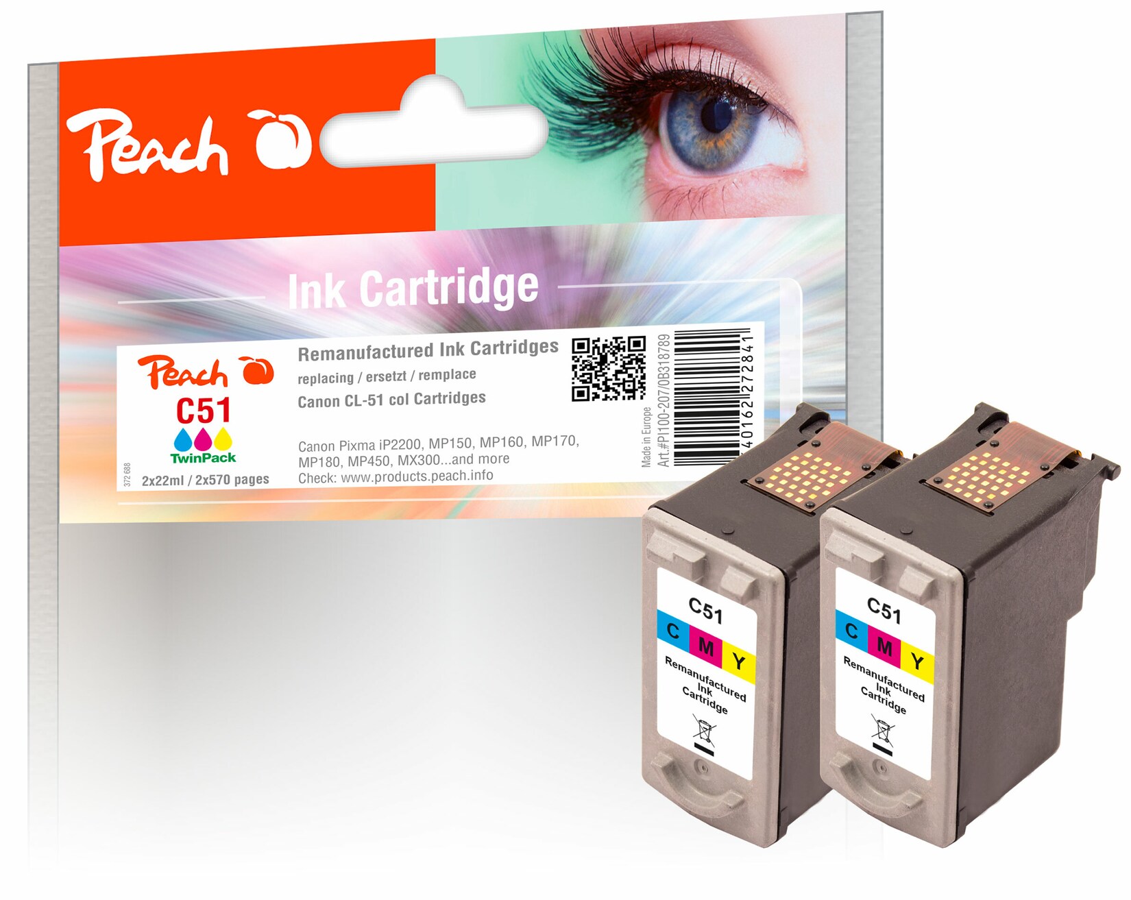 Peach C51 C 2 Druckköpfe XL 2*col ersetzt Canon CL-51C*2, 0618B001 für z.B. Canon Pixma IP 2200, Canon Pixma IP 6200, Canon Pixma IP 6210 D (wiederaufbereitet) | 07640162272841
