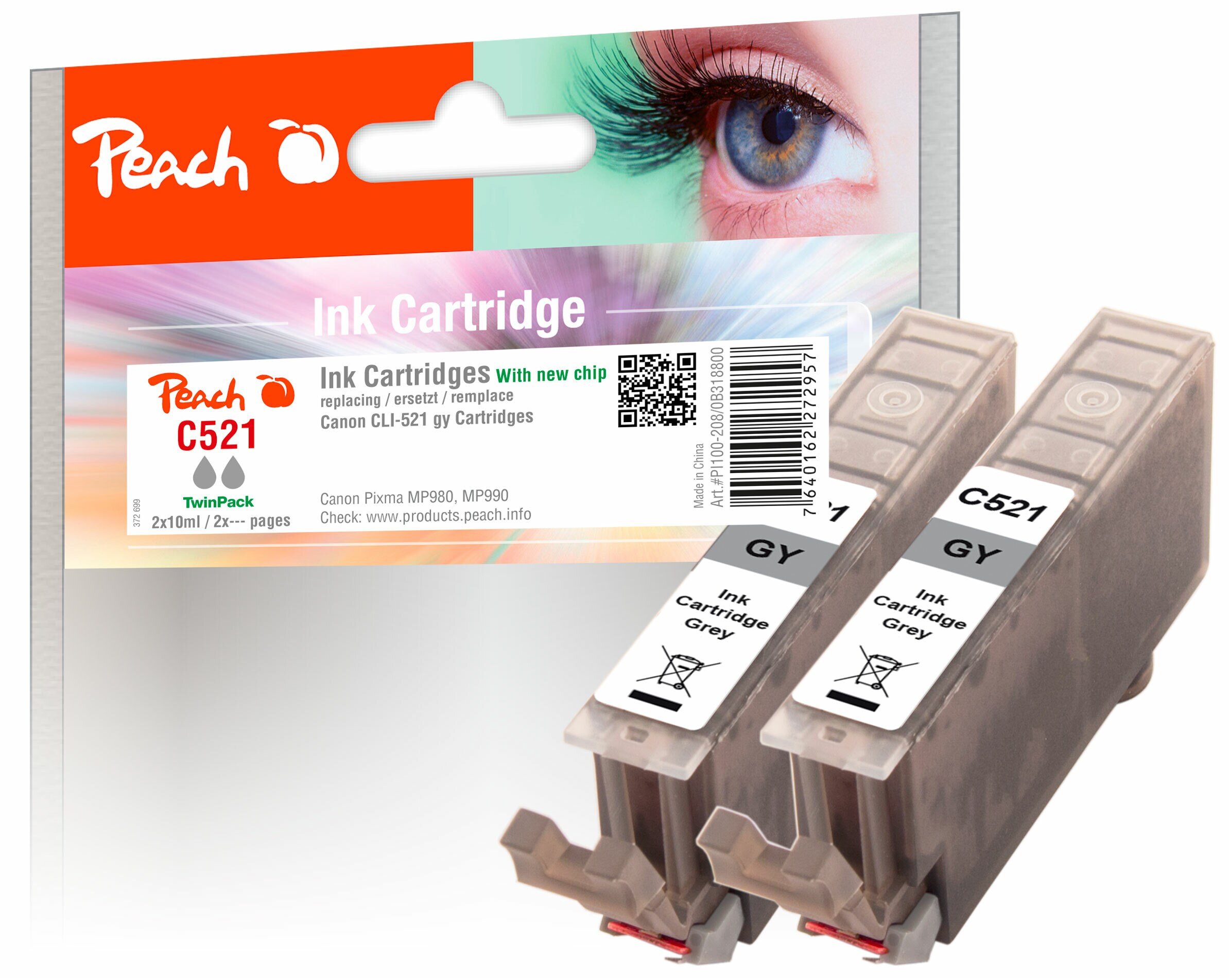 Peach C521 GY 2 Druckerpatronen XL 2*gy ersetzt Canon CLI-521GY*2, 2937B001 f&uuml;r z.B. Canon Pixma MP 980, Canon Pixma MP 990 - Bild 1
