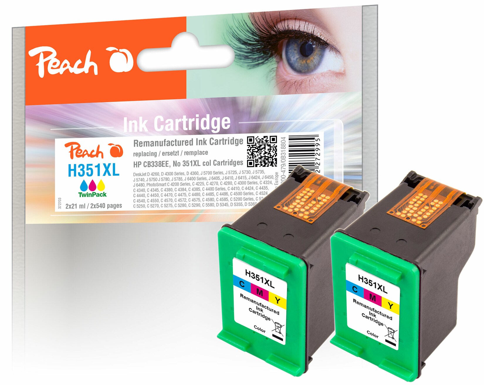 Peach HP 351 XL 2 Druckköpfe XL 2*col ersetzt HP No. 351XL*2, CB338EE*2 für z.B. HP DeskJet D 4200, HP DeskJet D 4260, HP DeskJet D 4300 (wiederaufbereitet) | 07640162272995