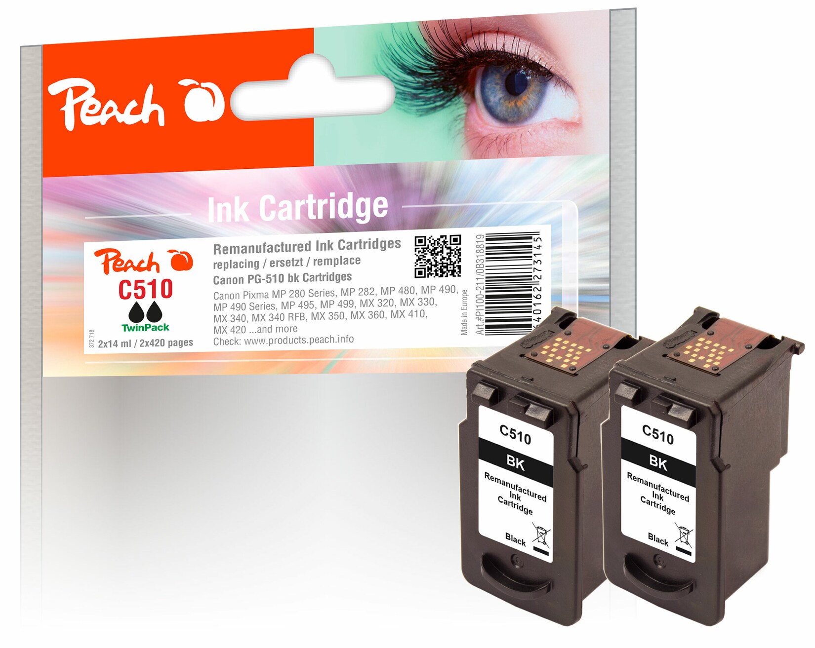 Peach C510 BK 2 Druckköpfe 2*bk ersetzt Canon PG-510BK*2, 2970B001 für z.B. Canon Pixma MP 230, Canon Pixma MP 282, Canon Pixma MX 410 (wiederaufbereitet) | 07640162273145