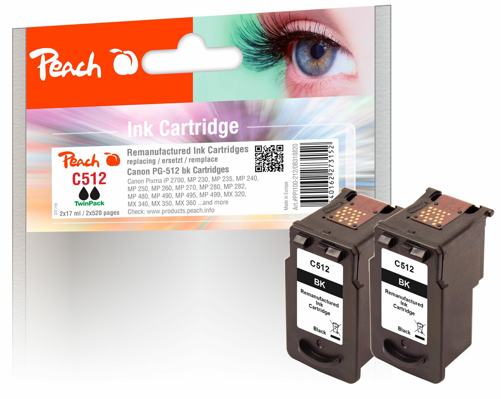 Peach C512 BK 2 Druckköpfe XL 2*bk ersetzt Canon PG-512BK*2, 2969B001 für z.B. Canon Pixma MP 230, Canon Pixma MP 250, Canon Pixma MP 282 (wiederaufbereitet) | 07640162273152