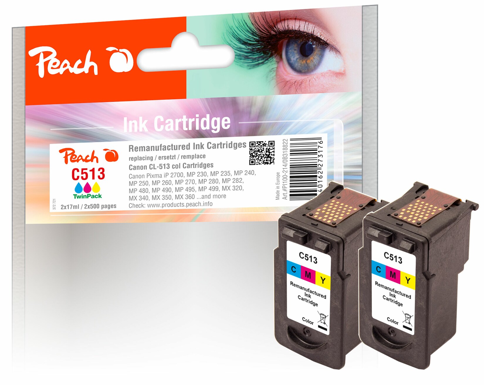 Peach C513 C 2 Druckköpfe XL 2*col ersetzt Canon CL-513C*2, 2971B001 für z.B. Canon Pixma MP 240, Canon Pixma IP 2700, Canon Pixma MP 230 (wiederaufbereitet)