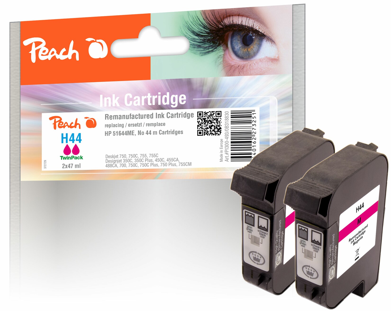 Peach HP 44 m 2 Druckköpfe 2*ma ersetzt HP No. 44 m*2, 51644ME*2 für z.B. HP DesignJet 350 C, HP DesignJet 350 C Plus, HP DesignJet 450 C (wiederaufbereitet) | 07640162273251