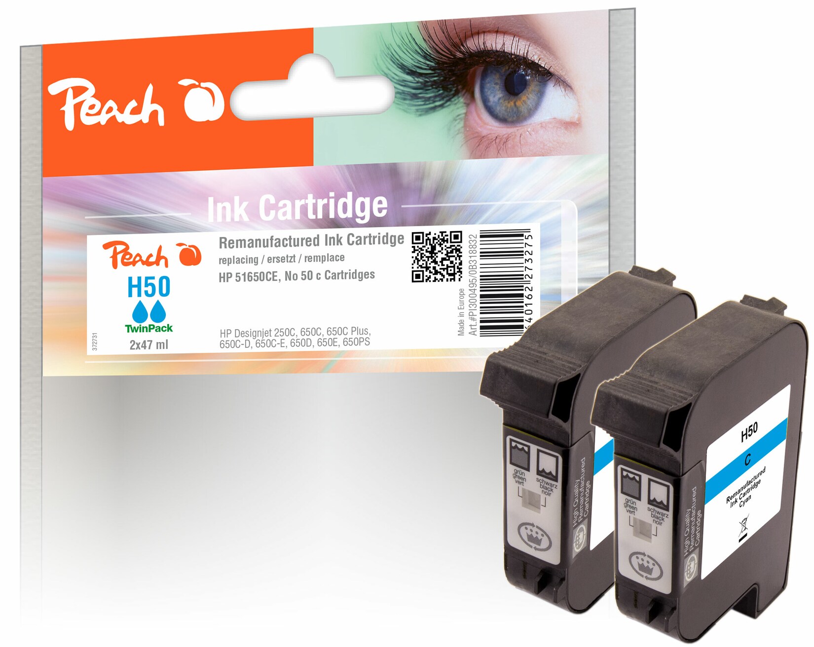 Peach HP 50 c 2 Druckköpfe 2*cy ersetzt HP No. 50 c*2, 51650CE*2 für z.B. HP DesignJet 250 C, HP DesignJet 650 C, HP DesignJet 650 C Plus (wiederaufbereitet) | 07640162273275