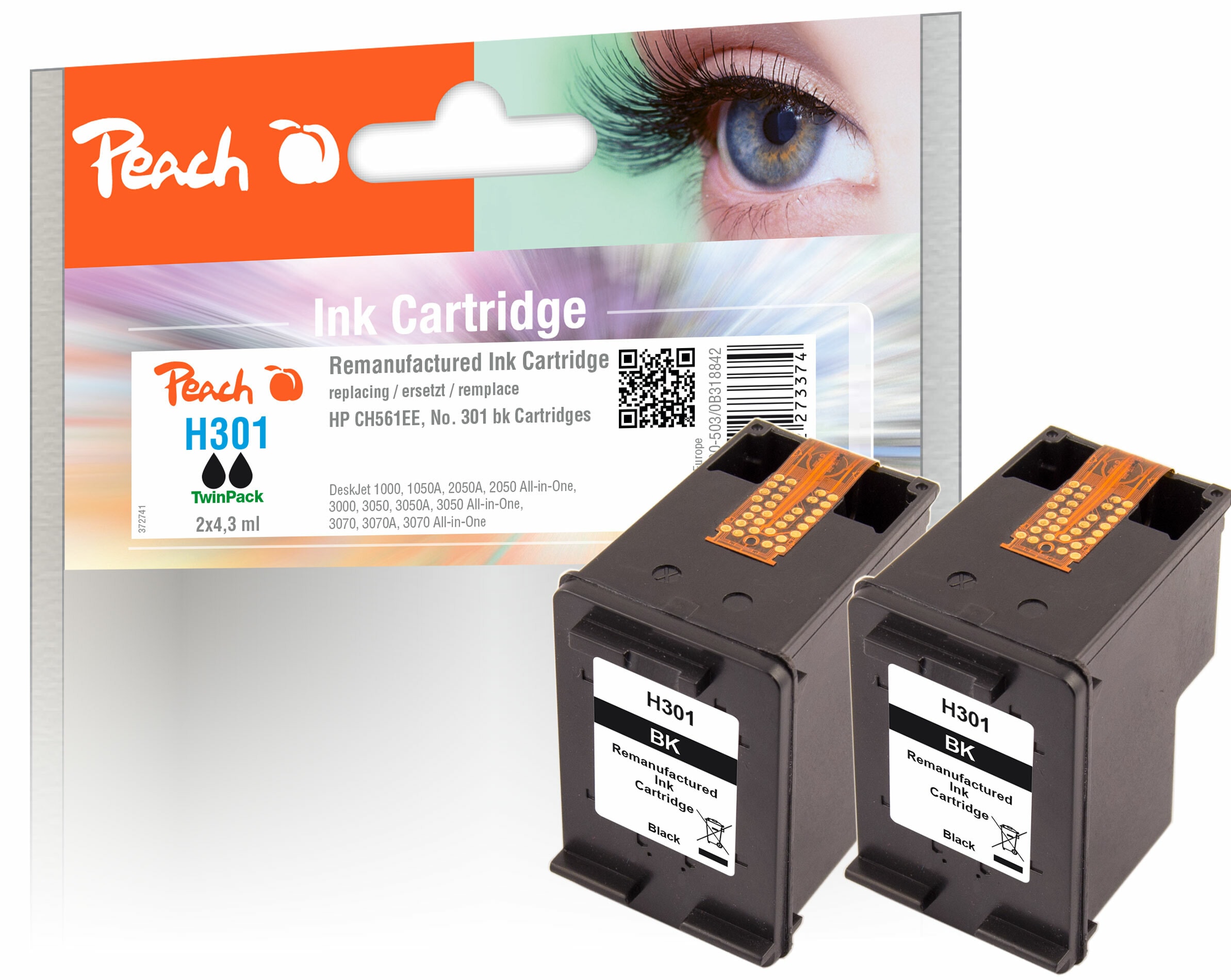 Peach HP 301 bk 2 Druckk&ouml;pfe 2*bk ersetzt HP No. 301 bk*2, CH561EE*2 f&uuml;r z.B. HP DeskJet 2540, HP Envy 5530 e-All-in-One, HP Envy 5535 e-All-in-One (wiederaufbereitet) - Bild 1