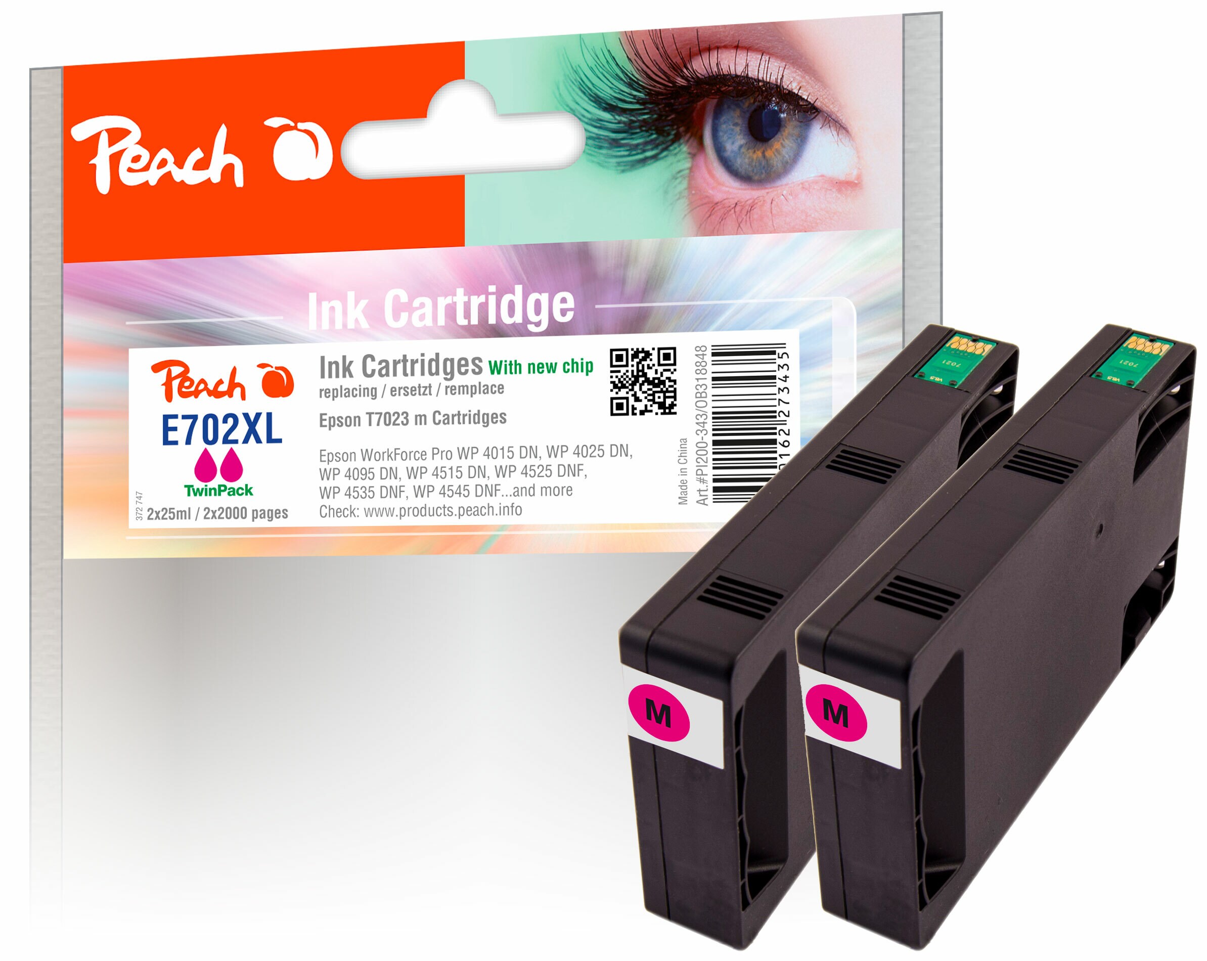 Peach E70  2 Druckerpatronen XL 2*ma ersetzt Epson T7023 m*2, C13T70234010*2 f&uuml;r z.B. Epson WorkForce Pro WP -4015 DN, Epson WorkForce Pro WP -4025 DW - Bild 1