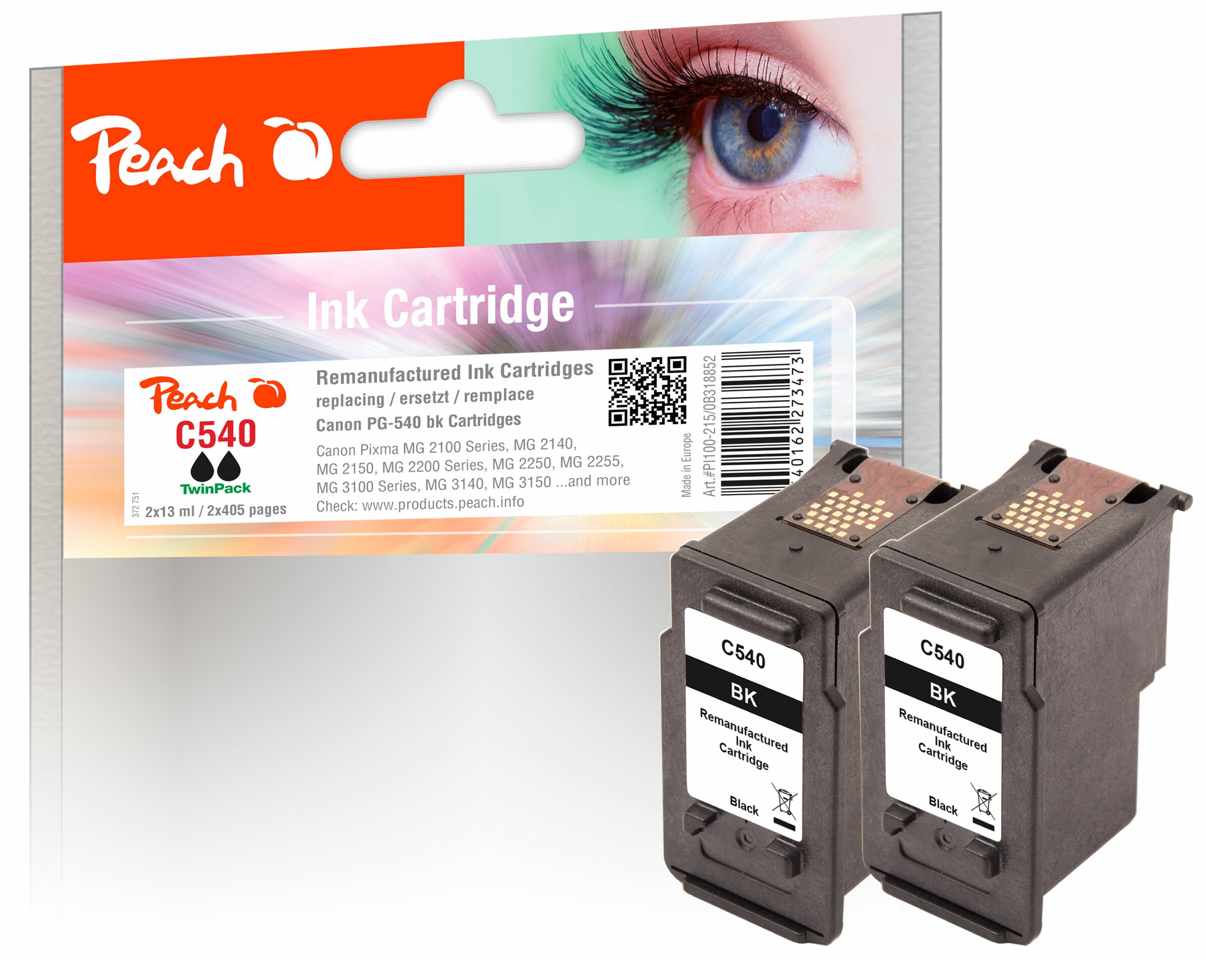 Peach C540 BK 2 Druckk&ouml;pfe 2*bk ersetzt Canon PG-540BK, 5225B005 f&uuml;r z.B. Canon Pixma TS 5150, Canon Pixma TS 5100, Canon Pixma TS 5151 (wiederaufbereitet) - Bild 1