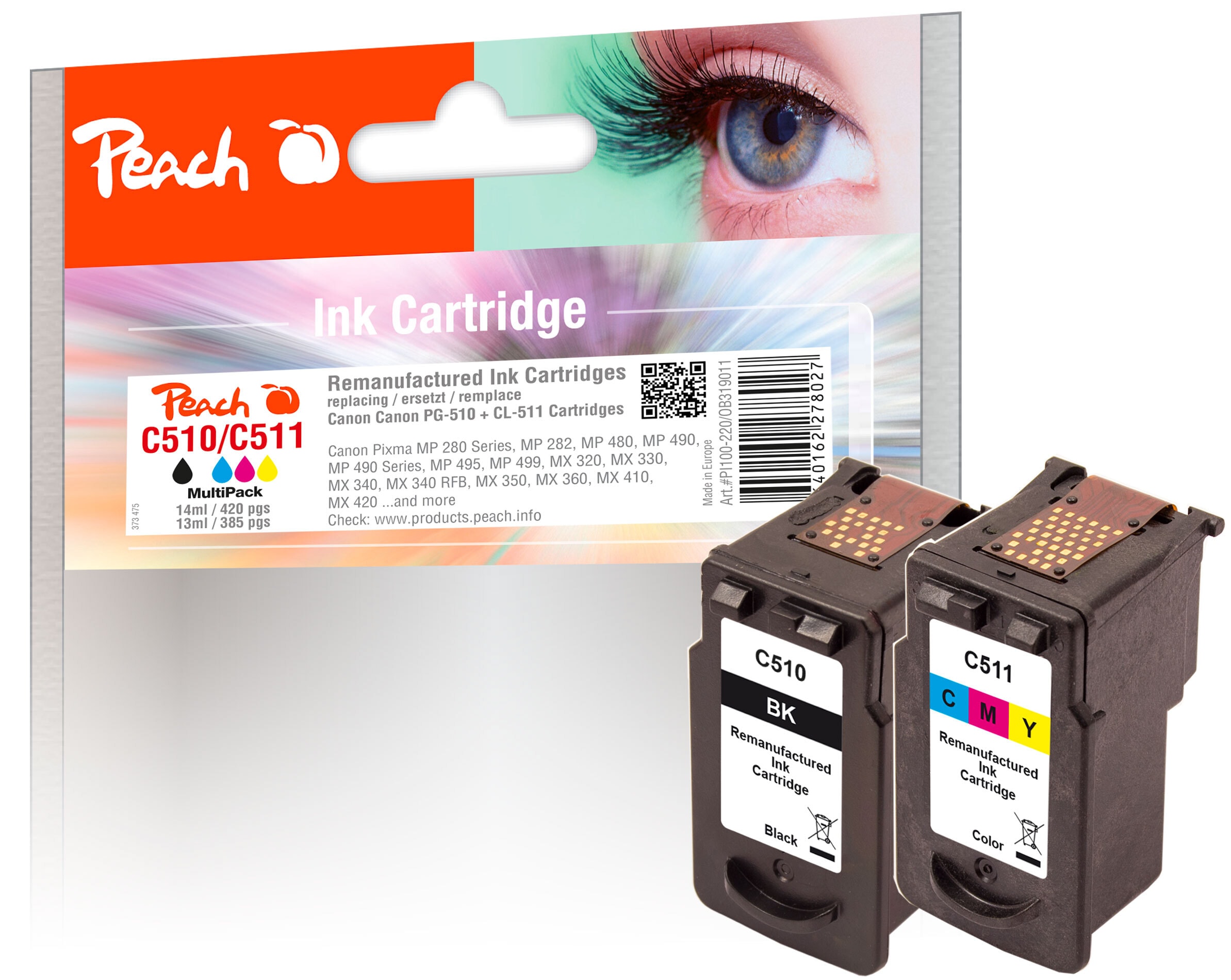 Peach C510 BK 2 Druckk&ouml;pfe (bk, col) ersetzt Canon PG-510BK, CL-511C, 2970B001, 2972B001 f&uuml;r z.B. Canon Pixma MP 250, Canon Pixma MX 320 (wiederaufbereitet) - Bild 1