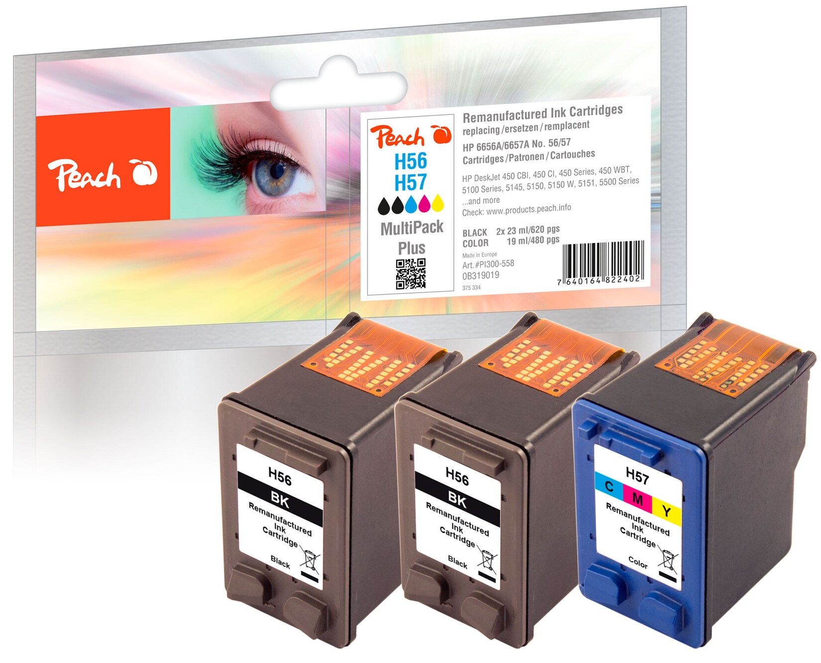 Peach HP 56 3 Druckköpfe Druckerpatronen bk/c (2*bk, col) ersetzt HP No. 56*2, No. 57, SA342AE für z.B. HP DeskJet 450 CBI, HP DeskJet 450 CI (wiederaufbereitet)