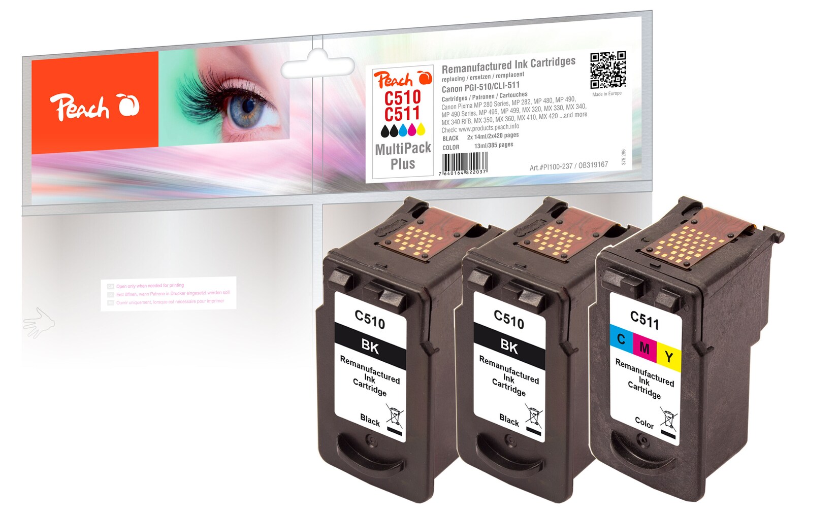 Peach C510 BK 3 Druckköpfe (2*bk, col) ersetzt Canon PG-510BK*2, CL-511C, 2970B001*2, 2972B001 für z.B. Canon Pixma MP 240, Canon Pixma IP 2700 (wiederaufbereitet)