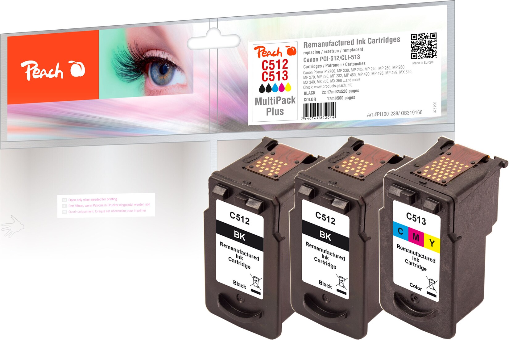 Peach C512 BK 3 Druckköpfe XL (2*bk, col) ersetzt Canon PG-512BK*2, CL-513C, 2969B001*2, 2971B001 für z.B. Canon Pixma MP 240, Canon Pixma IP 2700 (wiederaufbereitet)