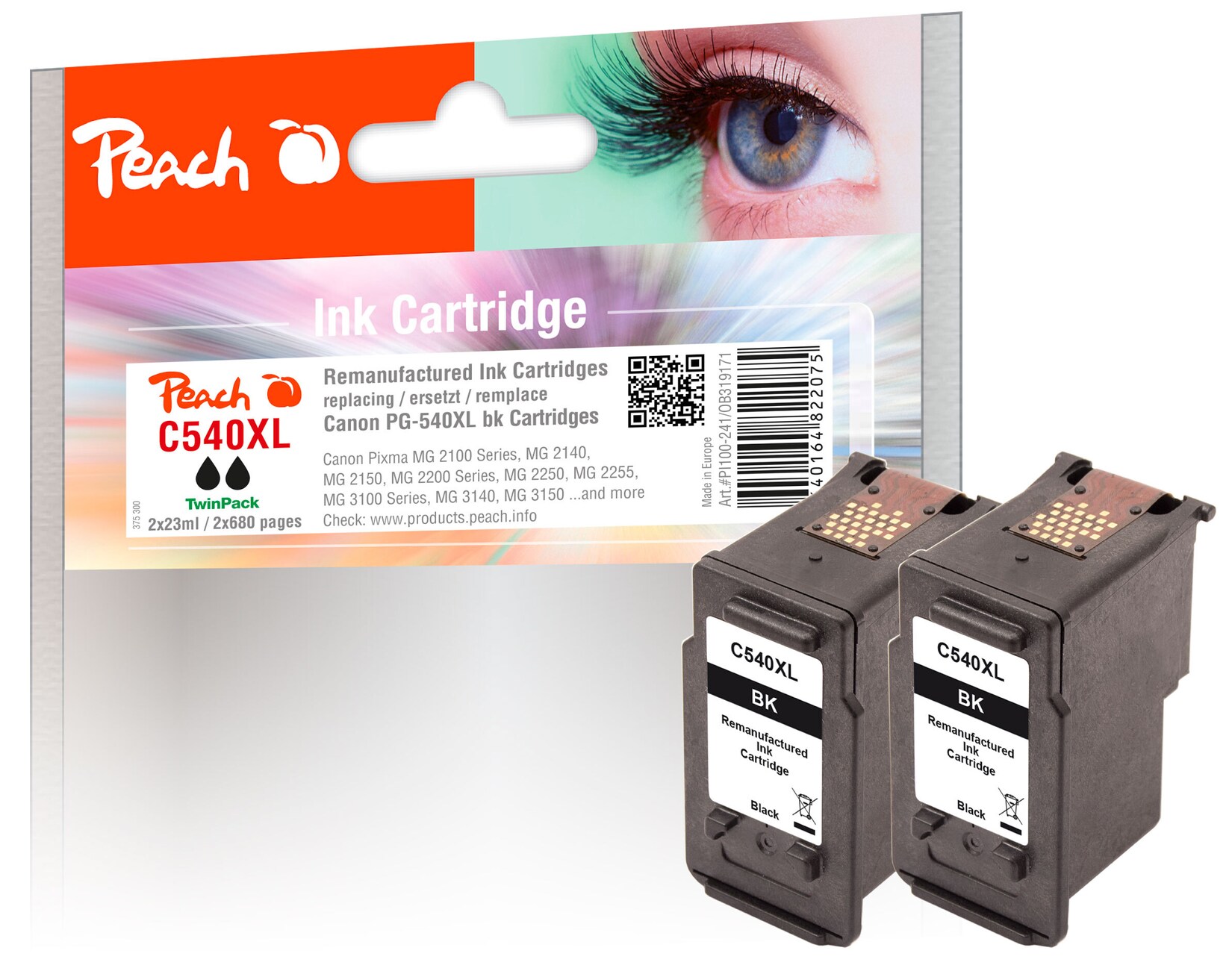 Peach C540 XLBK 2 Druckerpatronen XL 2*bk ersetzt Canon PG-540XLBK*2, 5222B005 für z.B. Canon Pixma MG 3650, Canon Pixma TS 5150, Canon Pixma TS 5151 (wiederaufbereitet)