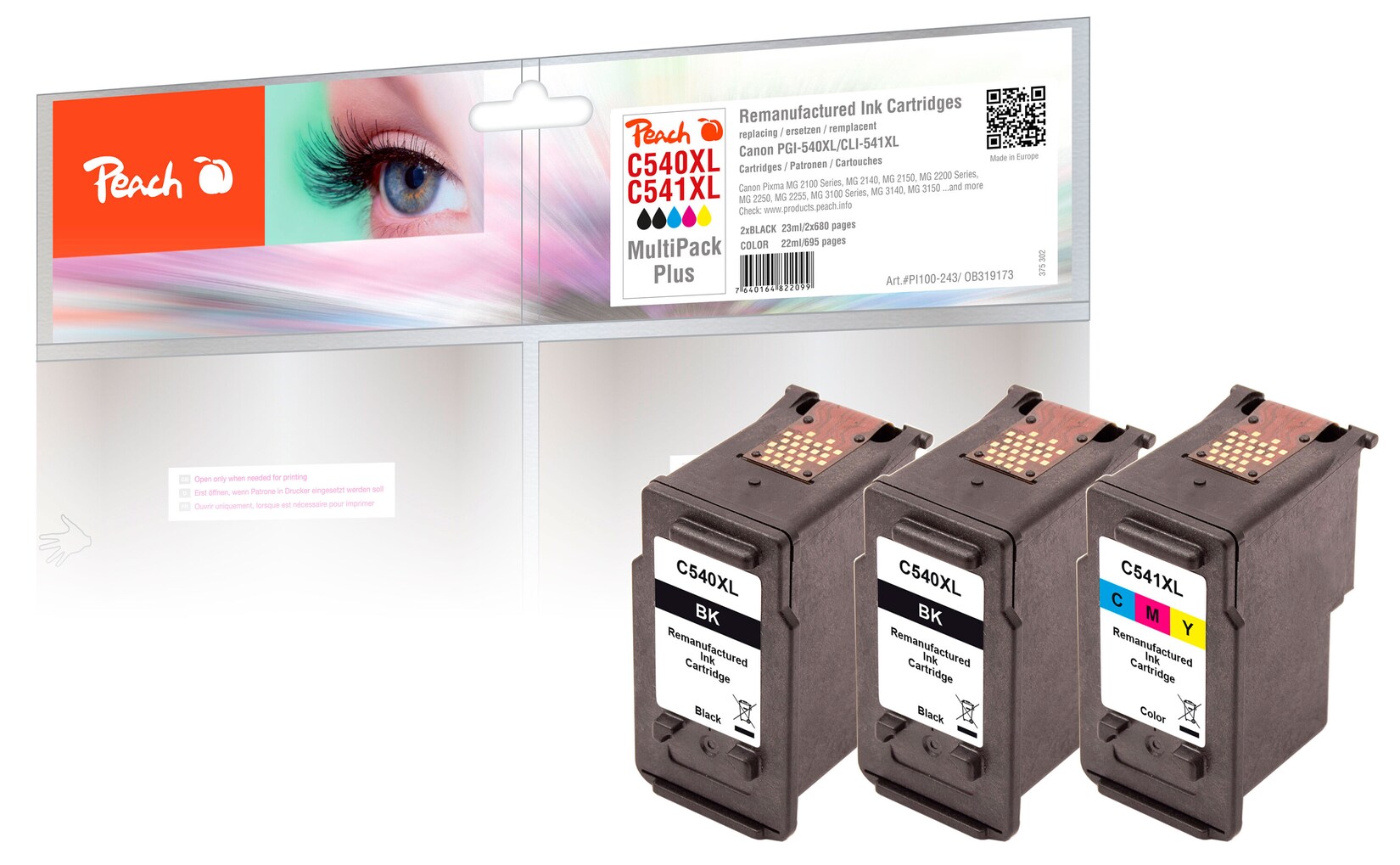 Peach C540 XLBK 3 Druckköpfe XL (2*bk, col) ersetzt Canon PG-540XLBK*2, CL-541XLC, 5222B005, 5226B004 für z.B. Canon Pixma MG 3650 (wiederaufbereitet)