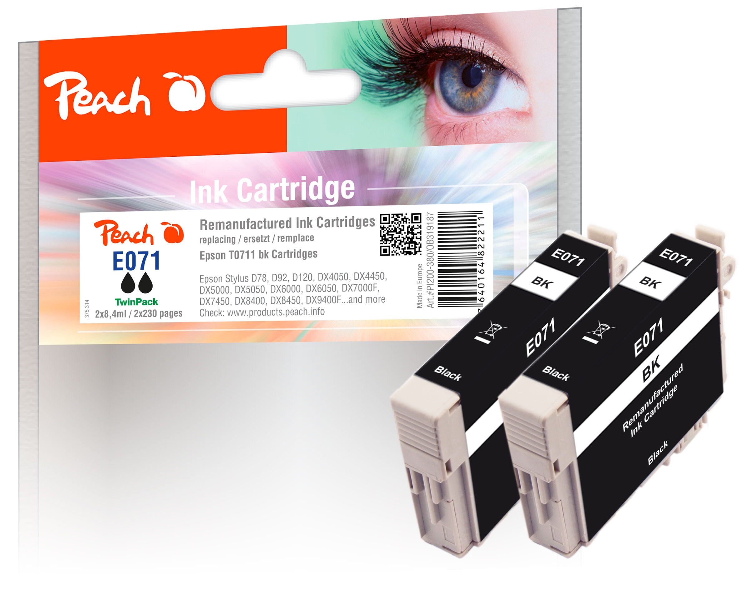 Peach E711 bk 2 Druckerpatronen XL 2*bk ersetzt Epson T0711 bk*2, C13T07114011 f&uuml;r z.B. Epson Stylus DX 8400, Epson Stylus SX 218, Epson Stylus D 120 (wiederaufbereitet) - Bild 1