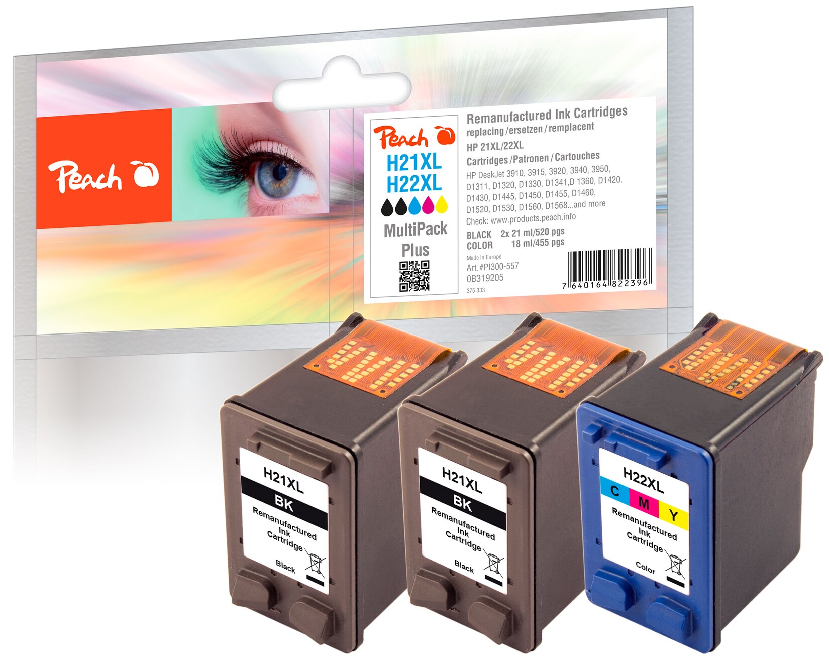 Peach HP 21 XL 3 Druckköpfe XL (2*bk, col) ersetzt HP No. 21XL*2, No. 22XL, SD367AE, C9351AE*2, C9352AE für z.B. HP DeskJet 3910, HP DeskJet 3915 (wiederaufbereitet)