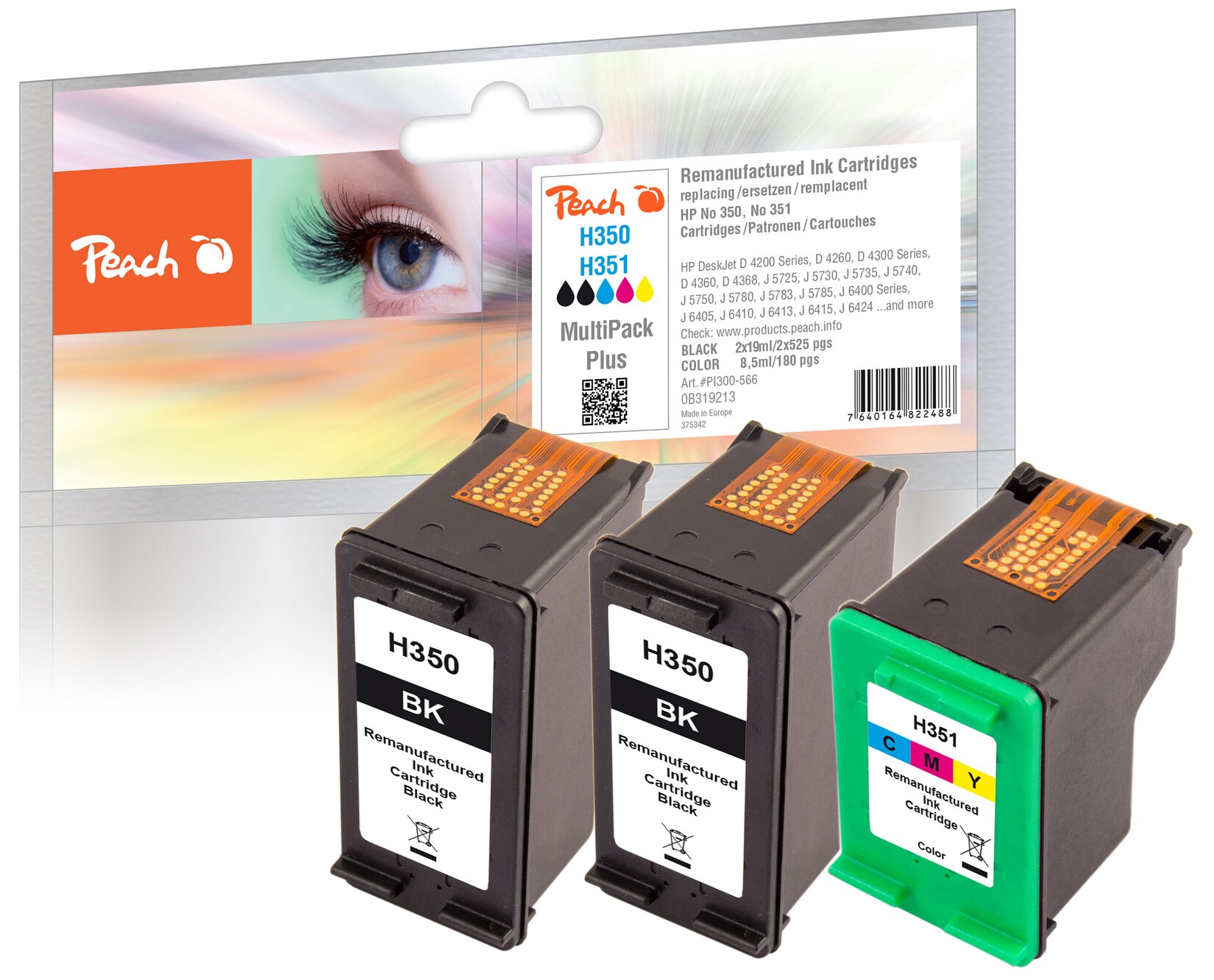 Peach HP 350 3 Druckköpfe (2*bk, col) ersetzt HP No. 350*2, No. 351, SD412EE, CB335EE*2, CB337EE für z.B. HP DeskJet D 4200, HP DeskJet D 4260 (wiederaufbereitet)