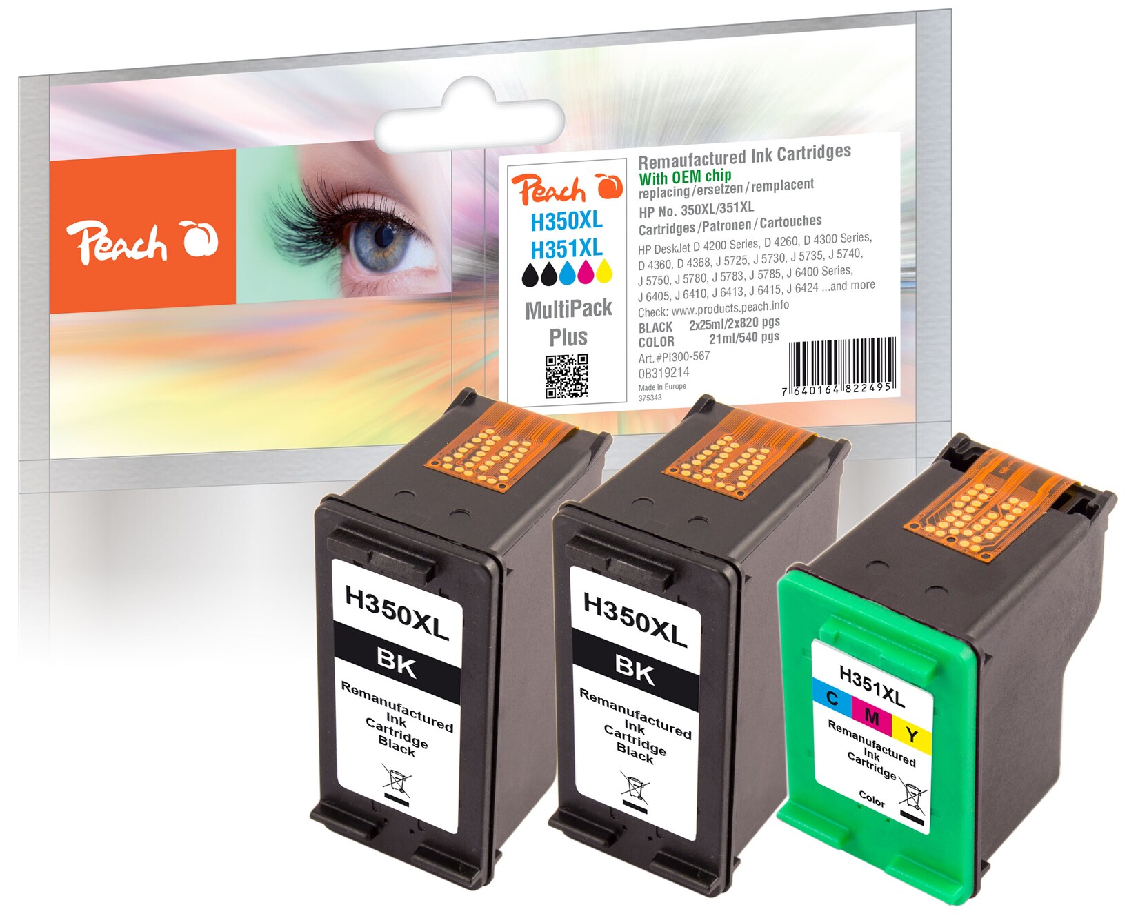 Peach HP 350 XL 3 Druckköpfe XL (2*bk, col) ersetzt HP No. 350XL*2, No. 351XL, CB336EE*2, CB338EE für z.B. HP DeskJet D 4200, HP DeskJet D 4260 (wiederaufbereitet)