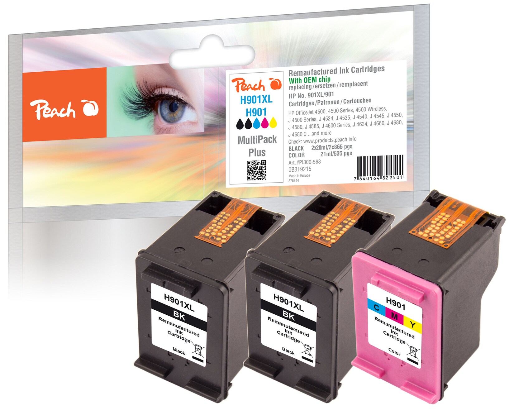 Peach HP 901 XL 3 Druckköpfe XL (2*bk, col) ersetzt HP No. 901XL, CC654AE*2, CC656AE für z.B. HP OfficeJet 4500, HP OfficeJet 4500 Wireless (wiederaufbereitet)