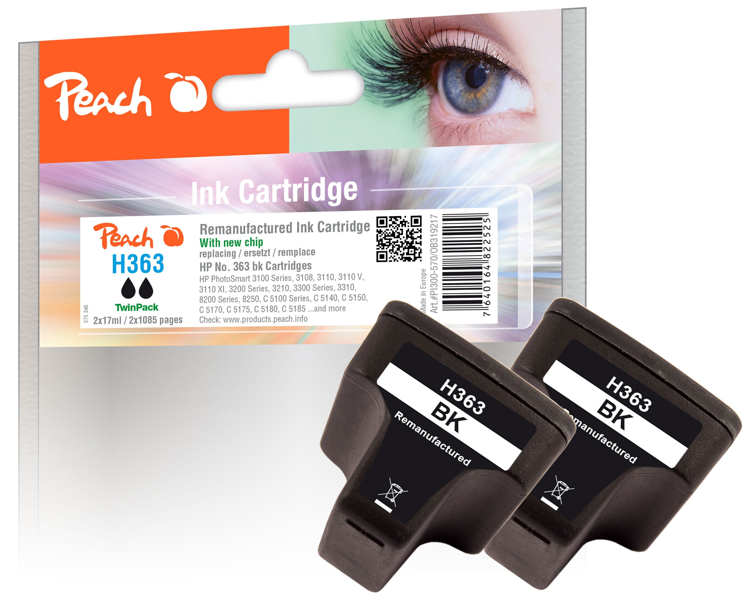 Peach HP 363 bk 2 Druckerpatrone 2*bk ersetzt HP No. 363 bk*2, C8721EE f&uuml;r z.B. HP PhotoSmart C 6280, HP PhotoSmart C 7280, HP PhotoSmart 3100 (wiederaufbereitet) - Bild 1
