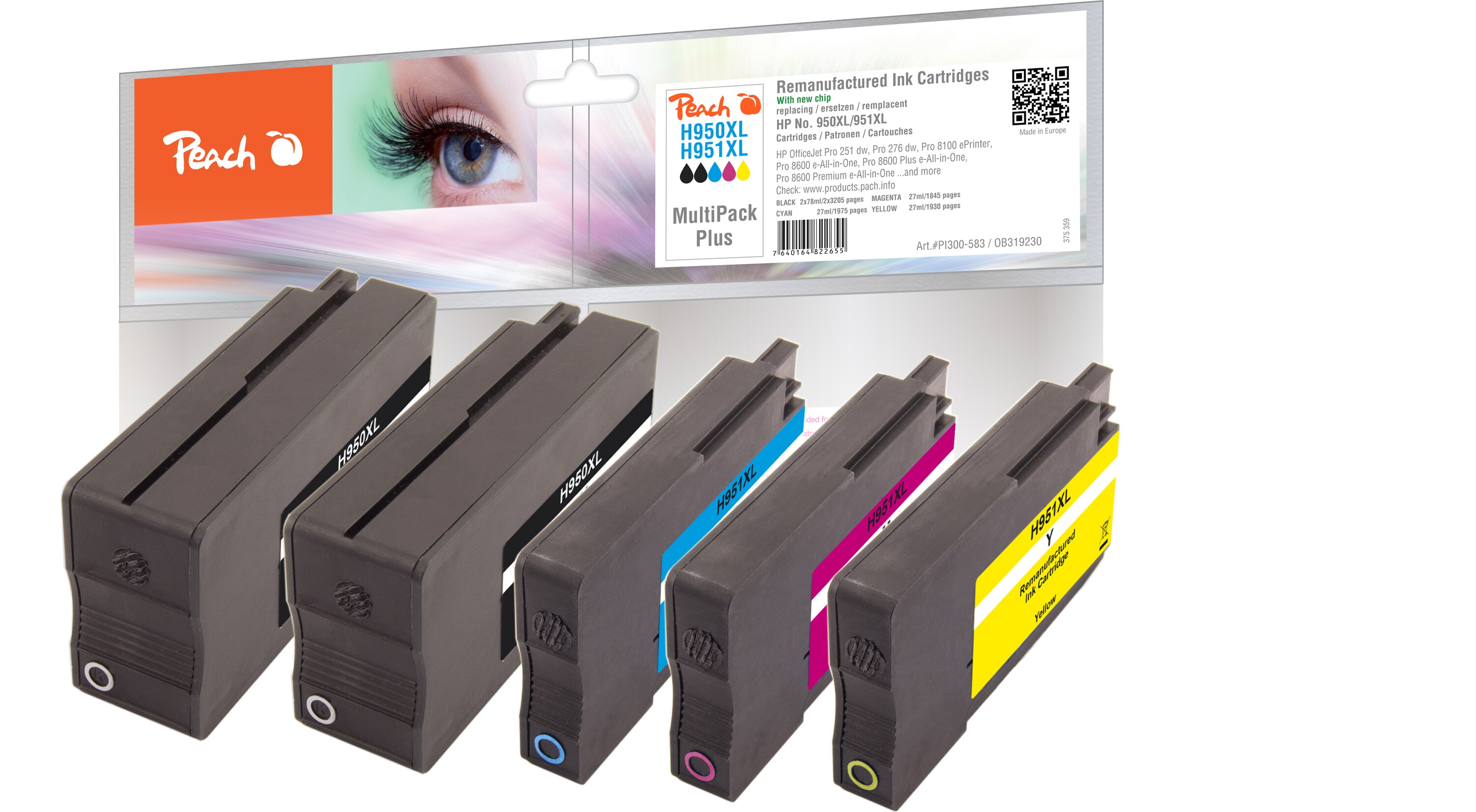 Peach HP 950 XL 5 Druckerpatronen XL (2*bk, c/m/y) ersetzt HP No. 950XL, No. 951XL, CN045E*2, CN046E, CN047E, CN048E (wiederaufbereitet) - Bild 1