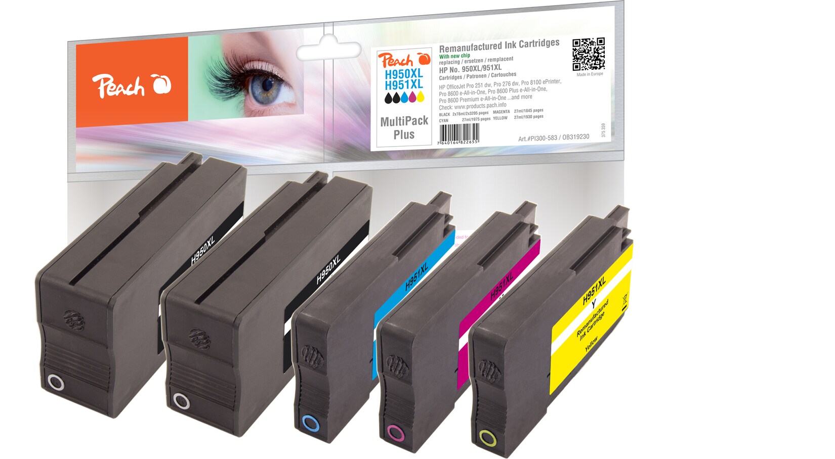 Peach HP 950 XL 5 Druckerpatronen XL (2*bk, c/m/y) ersetzt HP No. 950XL, No. 951XL, CN045E*2, CN046E, CN047E, CN048E für z.B. HP OfficeJet Pro 8610 e-All-in-One (wiederaufbereitet) | 07640164822655