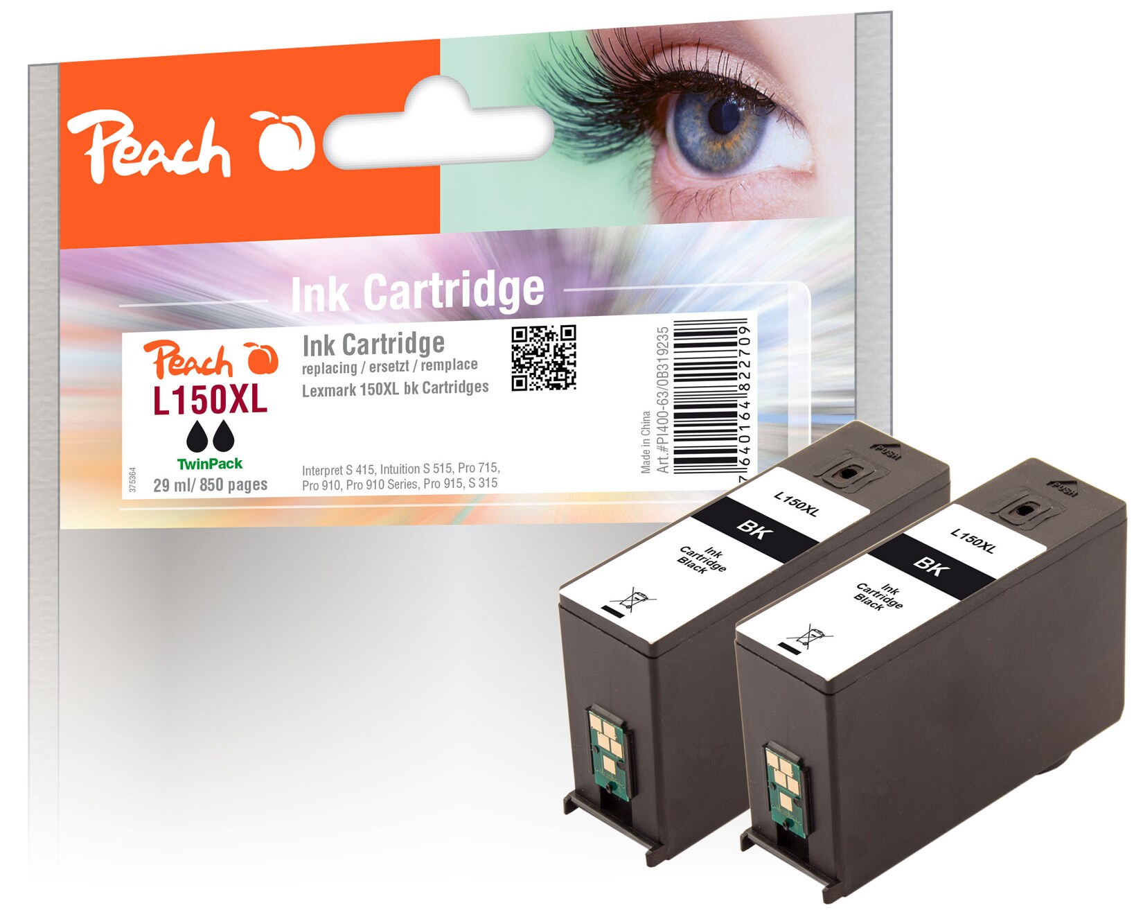 Peach L150 XLBK 2 Druckerpatronen XL 2*bk ersetzt Lexmark No. 150XLBK*2, 14N1614E, 14N1636 für z.B. Lexmark Interpret S 415, Lexmark Intuition S 515 | 07640164822709