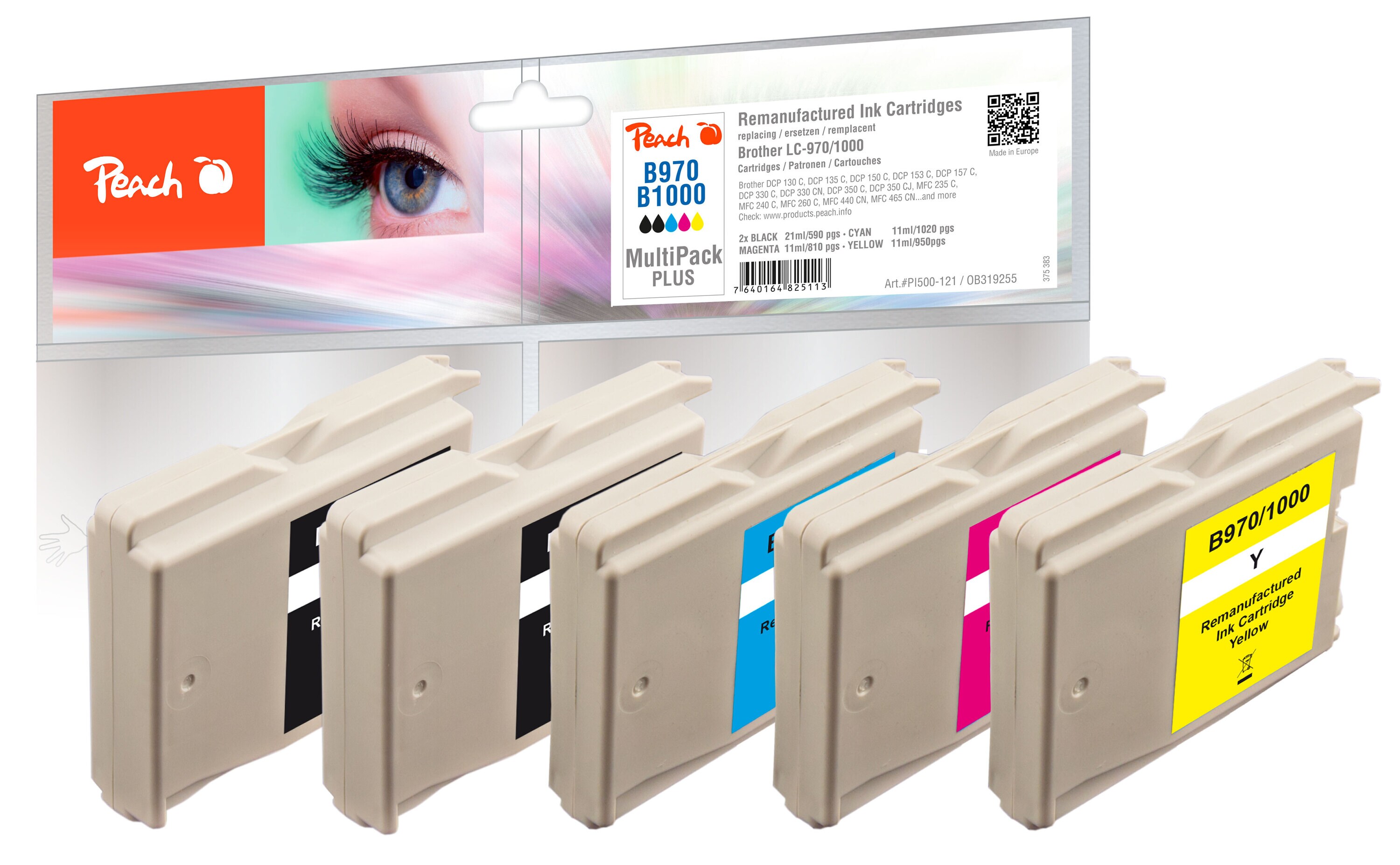 Peach B970/1000VALBP 5 Druckerpatronen (2*bk, c/m/y) ersetzt Brother LC-970/LC-1000VALBP f&uuml;r z.B. Brother DCP -135 C, Brother DCP -150 C (wiederaufbereitet) - Bild 1