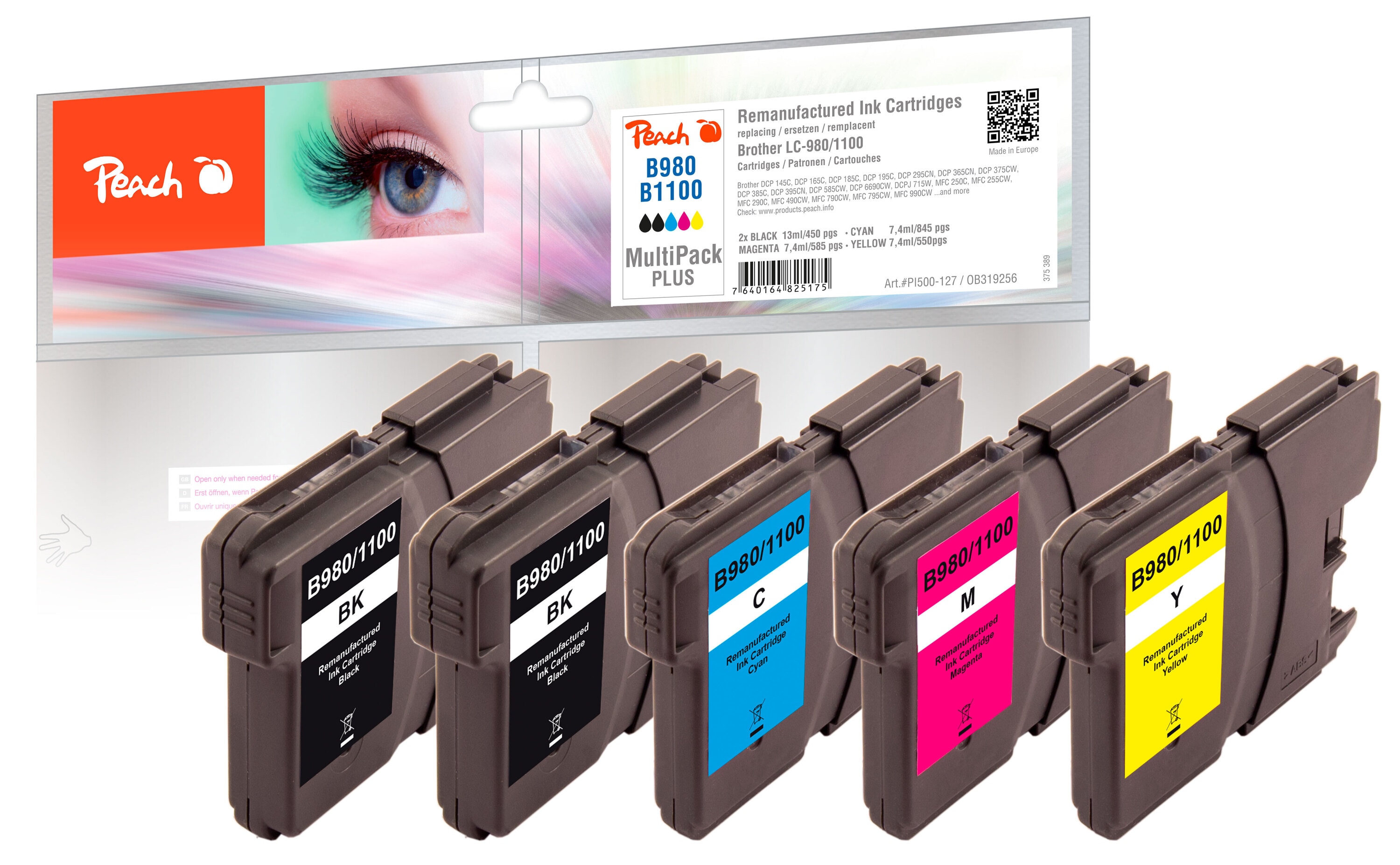 Peach B980/1100VALBP 5 Druckerpatronen XL (2*bk, c/m/y) ersetzt Brother LC-980/1100VALBP f&uuml;r z.B. Brother DCP -145 C, Brother DCP -160 (wiederaufbereitet) - Bild 1