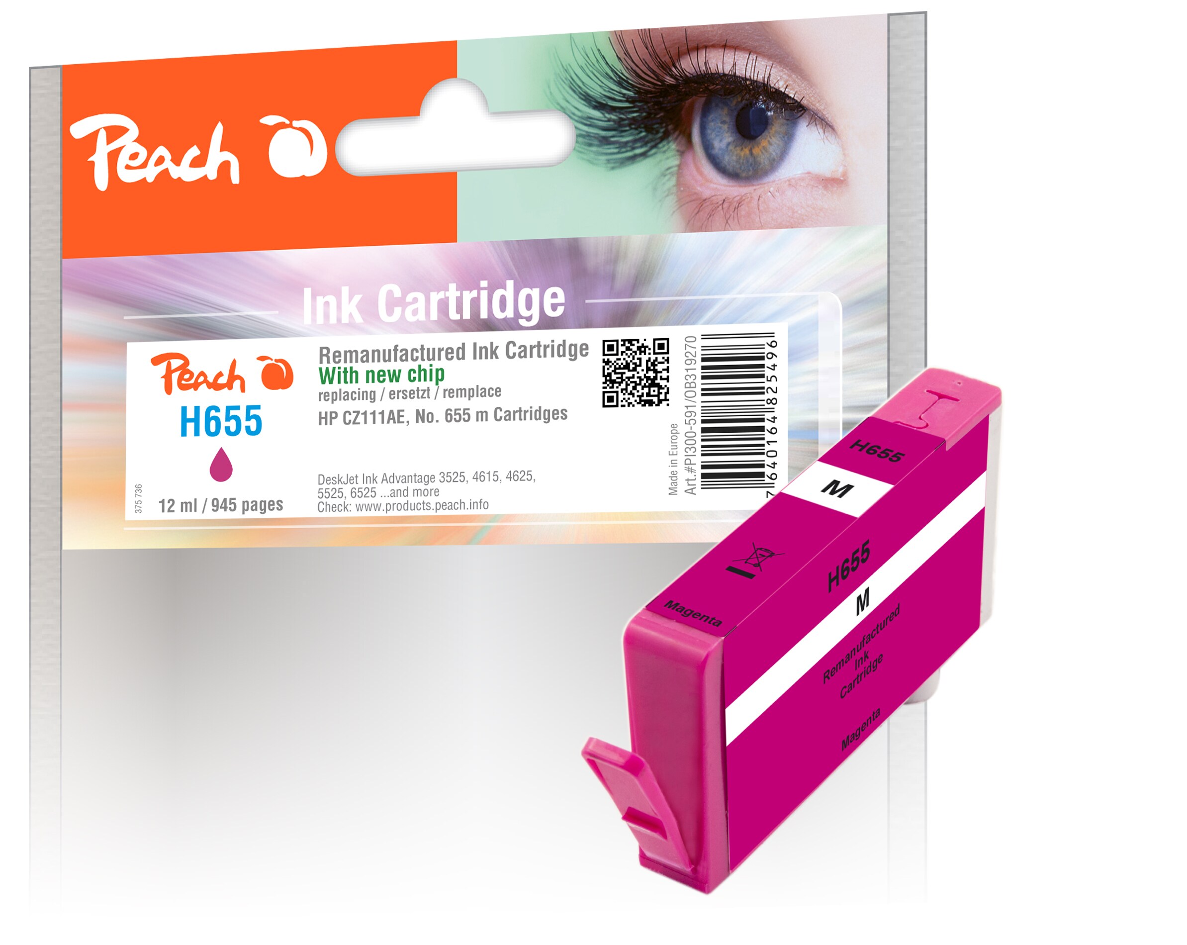 Peach HP 655 m Druckerpatrone ma ersetzt HP No. 655 m, CZ111AE f&uuml;r z.B. HP DeskJet Ink Advantage 3525, HP DeskJet Ink Advantage 4615 (wiederaufbereitet) - Bild 1