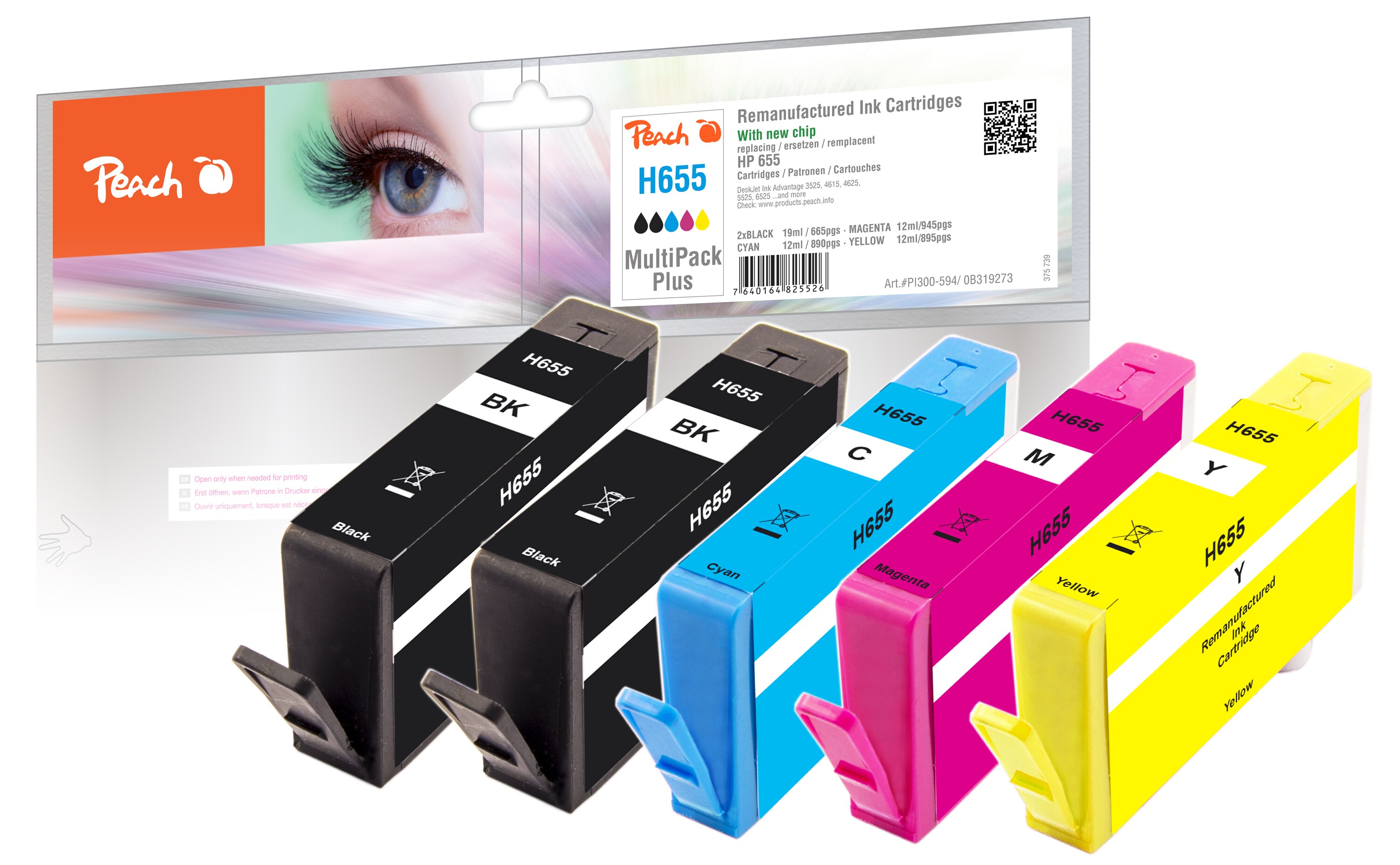 Peach HP 655  5 Druckerpatronen (2*bk, c/m/y) ersetzt HP No. 655, CZ109AE*2, CZ110AE, CZ111AE, CZ112AE f&uuml;r z.B. HP DeskJet Ink Advantage 3525 (wiederaufbereitet) - Bild 1