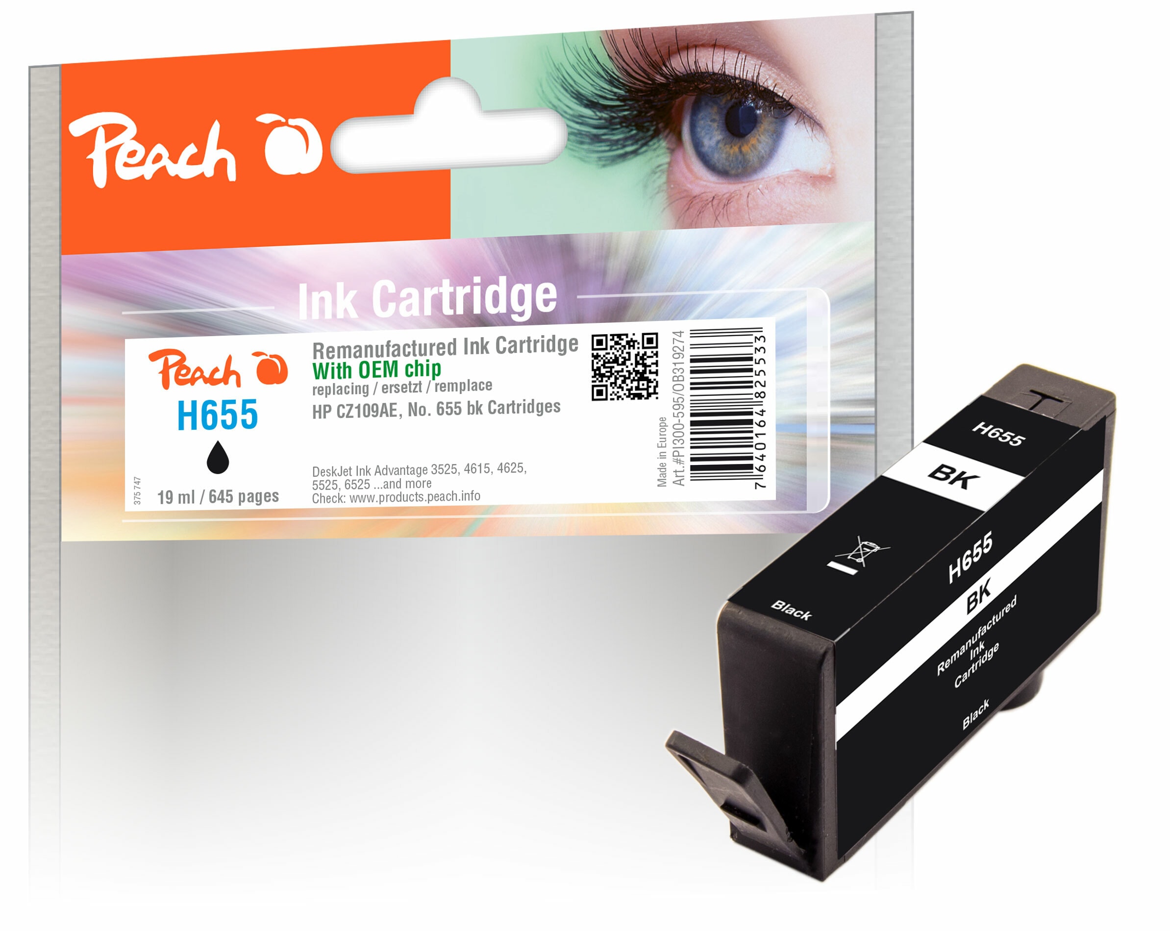 Peach HP 655 bk Druckerpatrone bk ersetzt HP No. 655 bk, CZ109AE f&uuml;r z.B. HP DeskJet Ink Advantage 3525, HP DeskJet Ink Advantage 4615 (wiederaufbereitet) - Bild 1