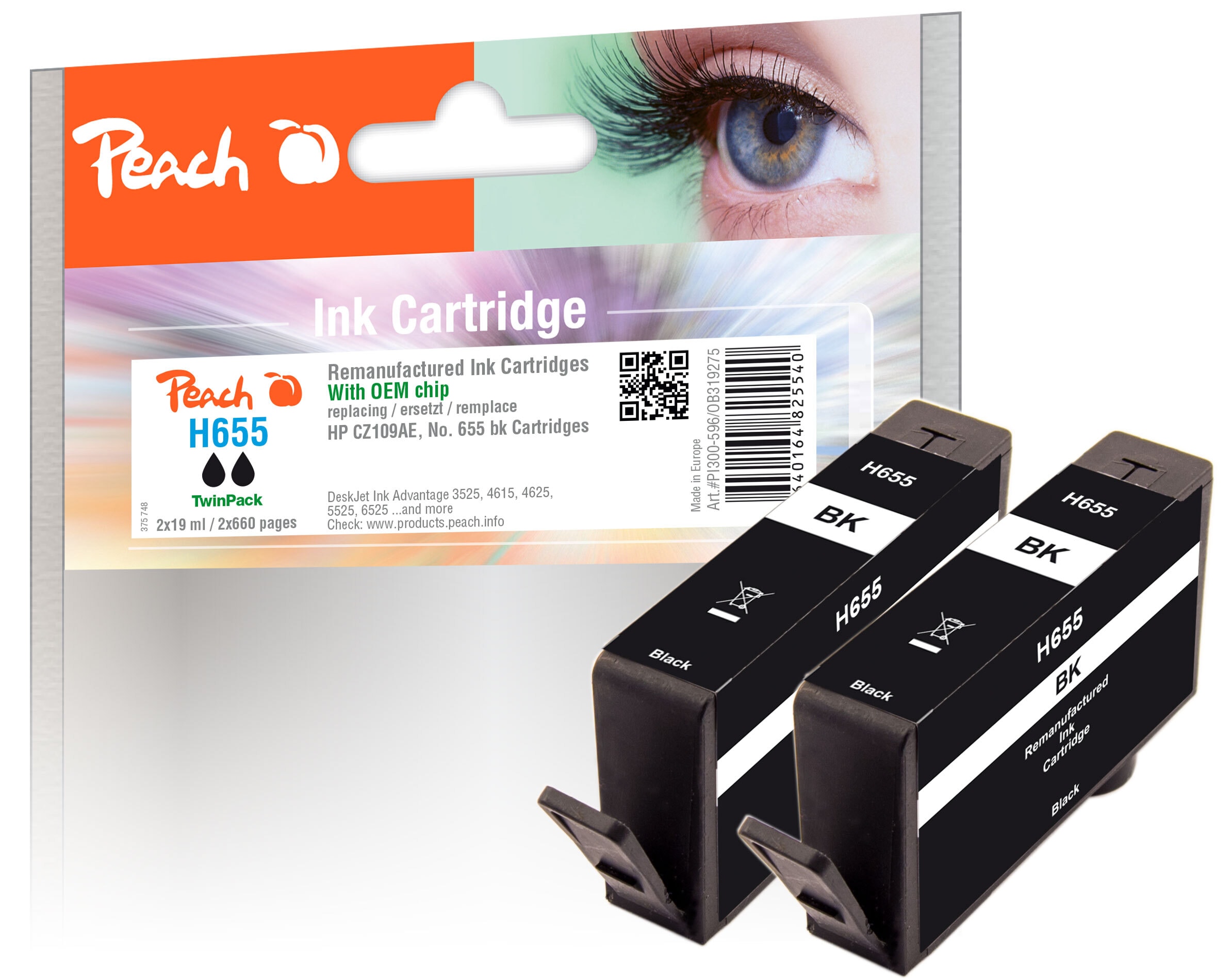 Peach HP 655 bk 2 Druckerpatronen 2*bk ersetzt HP No. 655 bk*2, CZ109AE f&uuml;r z.B. HP DeskJet Ink Advantage 3525, HP DeskJet Ink Advantage 4615 (wiederaufbereitet) - Bild 1