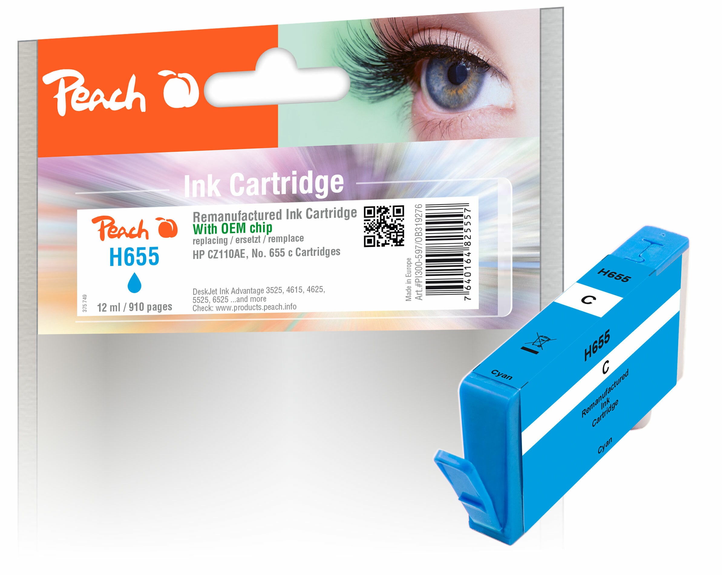 Peach HP 655 c Druckerpatrone cy ersetzt HP No. 655 c, CZ110AE f&uuml;r z.B. HP DeskJet Ink Advantage 3525, HP DeskJet Ink Advantage 4615 (wiederaufbereitet) - Bild 1